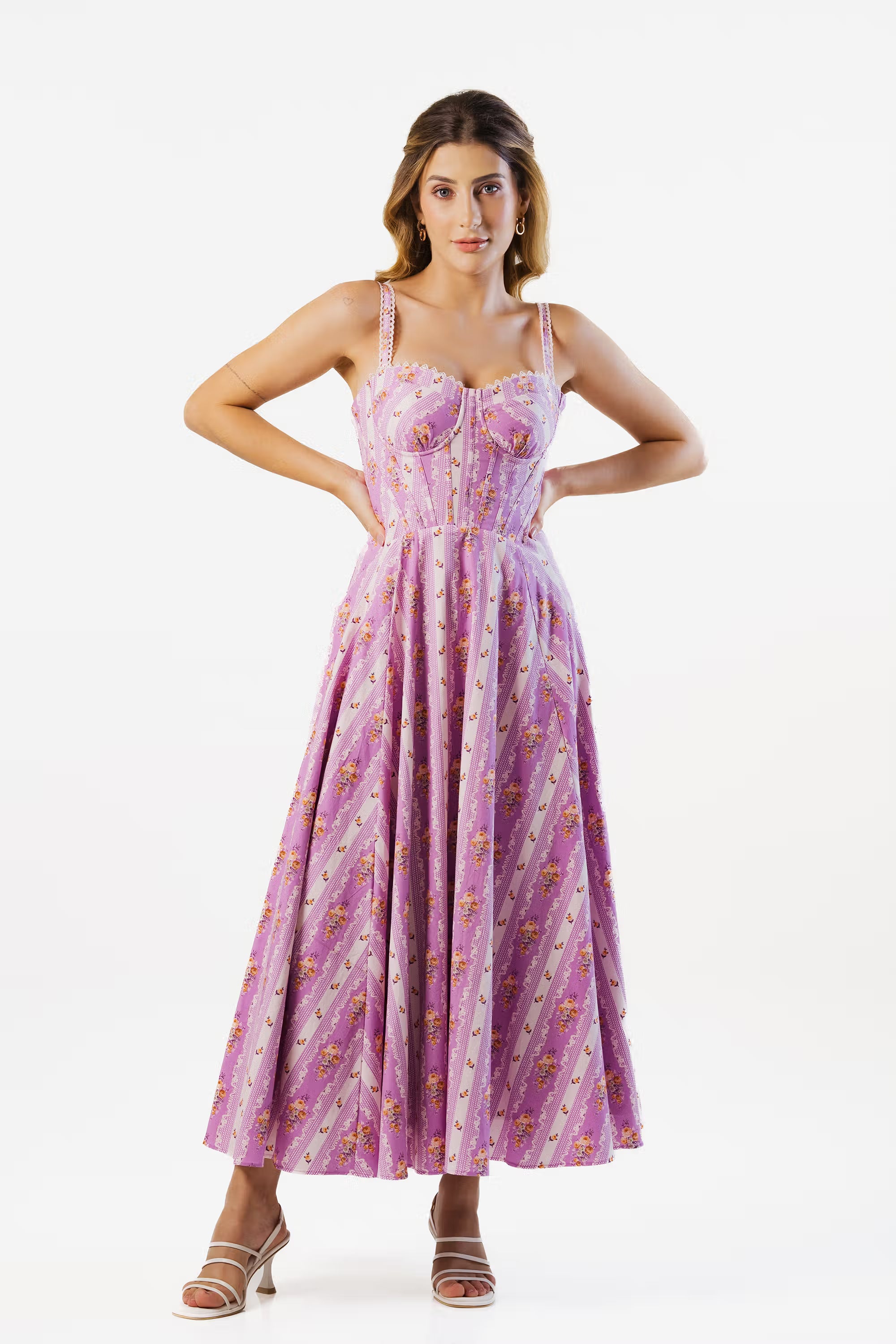 Lilac floral midi dress, full front view, striped flared skirt.