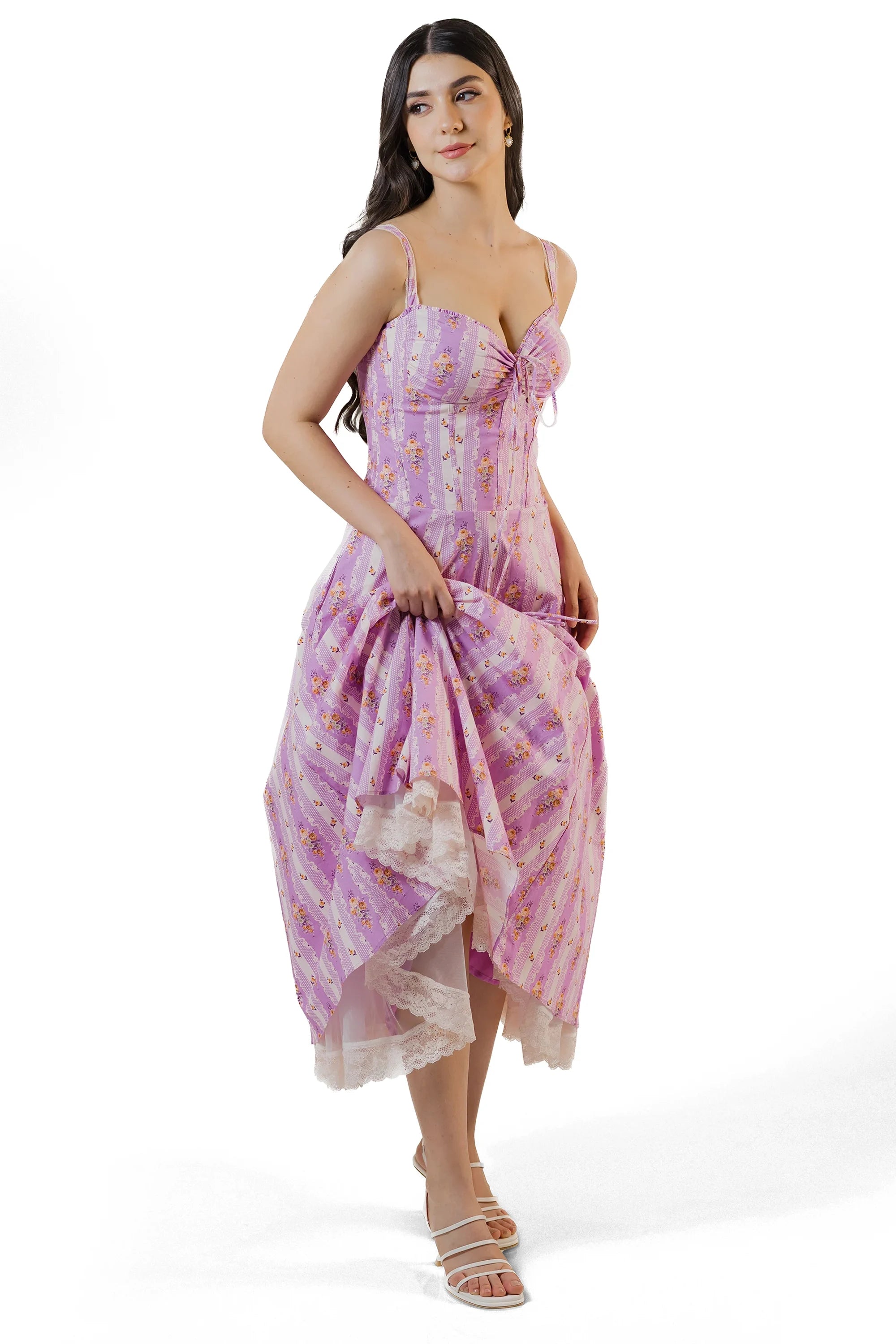 Lilac floral corset midi dress with lace-trim hem, lifted view