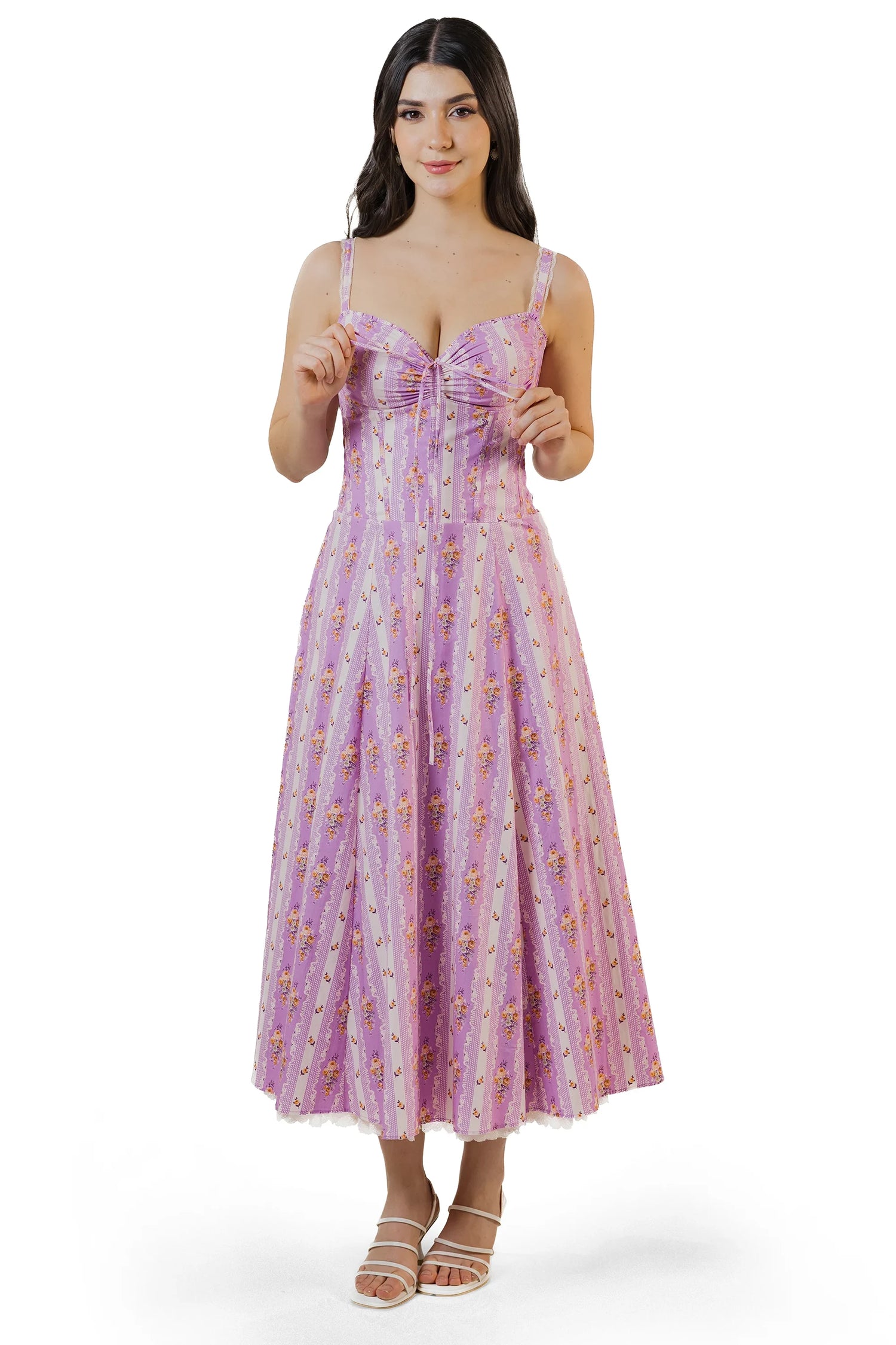 Ruched-bust drawstring close-up on lilac floral midi dress