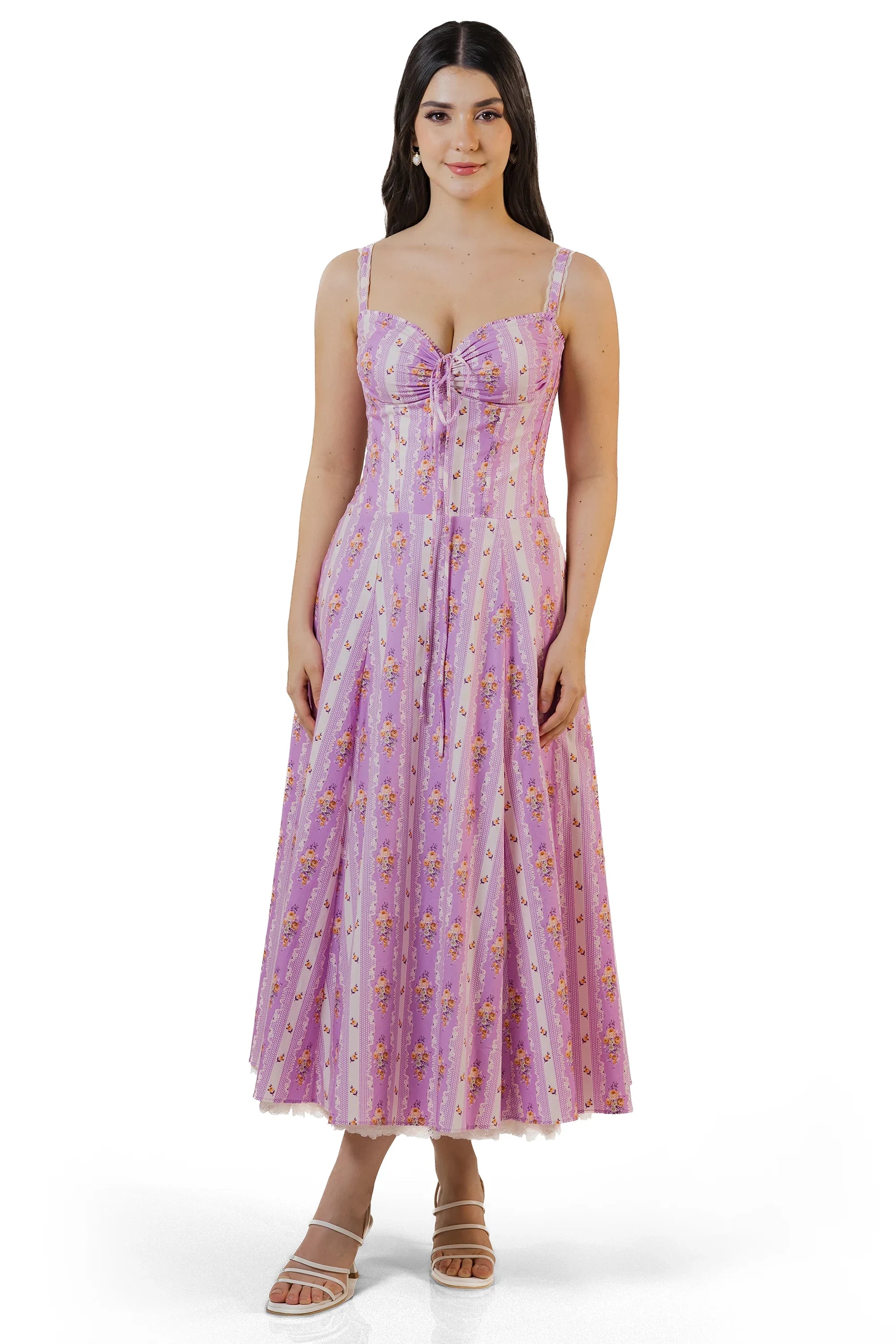 Lilac floral corset midi dress with lace-trim hem, lifted view