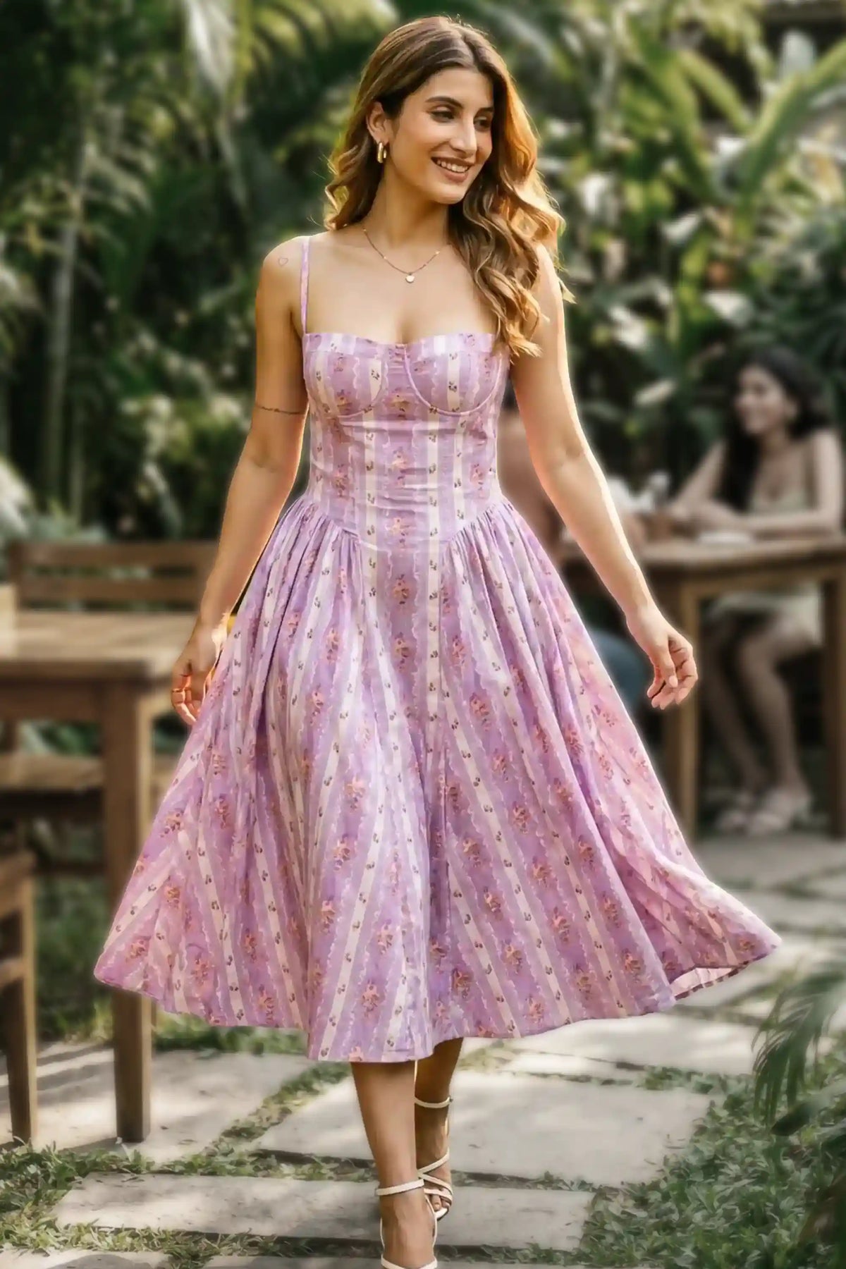 Floral Bustier Midi Dress · PE-1901124 — lavender-lilac-floral