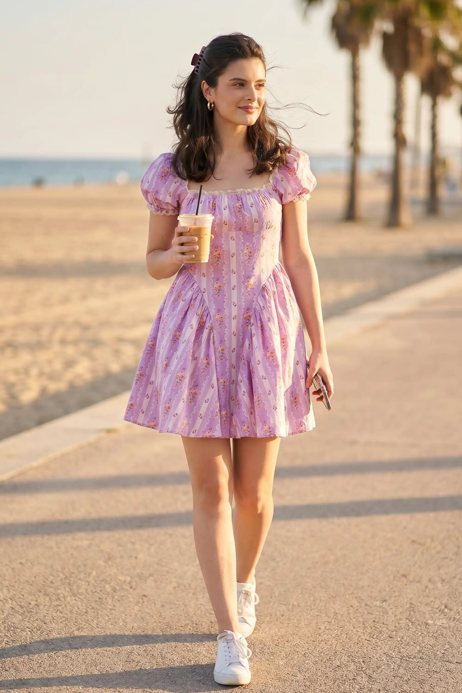 Lilac Puff-Sleeve Floral Stripe Mini Dress
