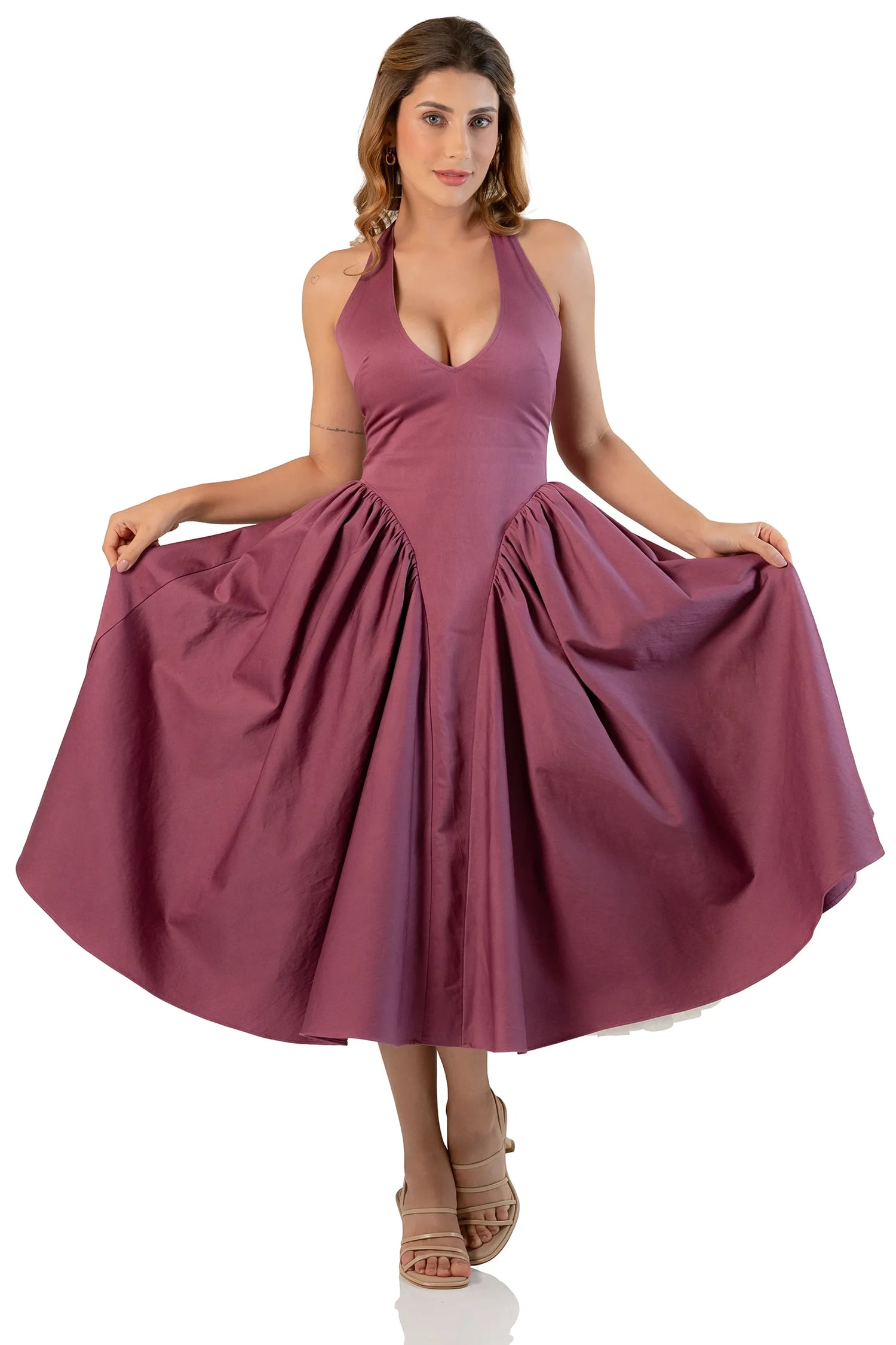 Flared skirt view: mauve halter midi dress with volume
