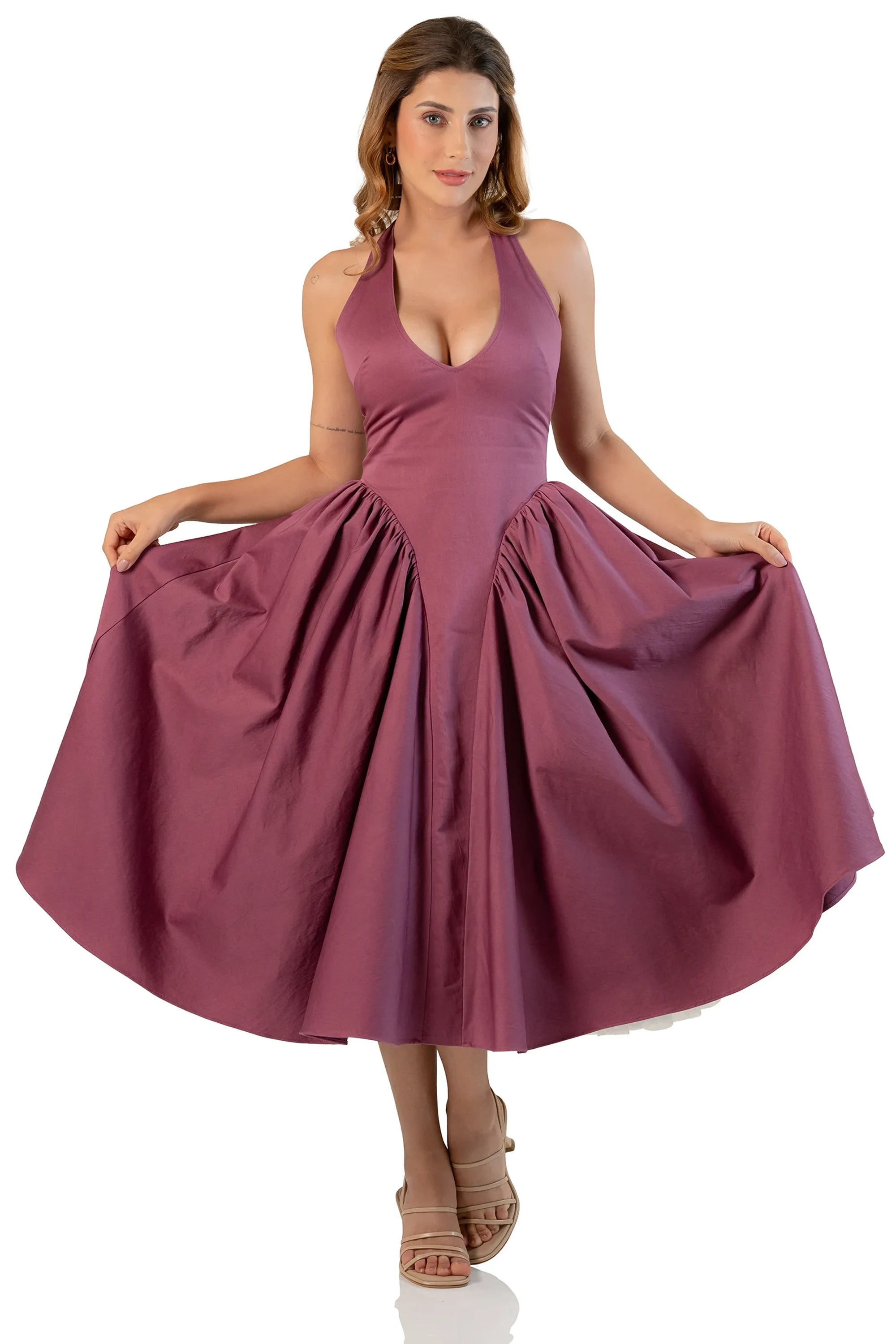 Flared skirt view: mauve halter midi dress with volume