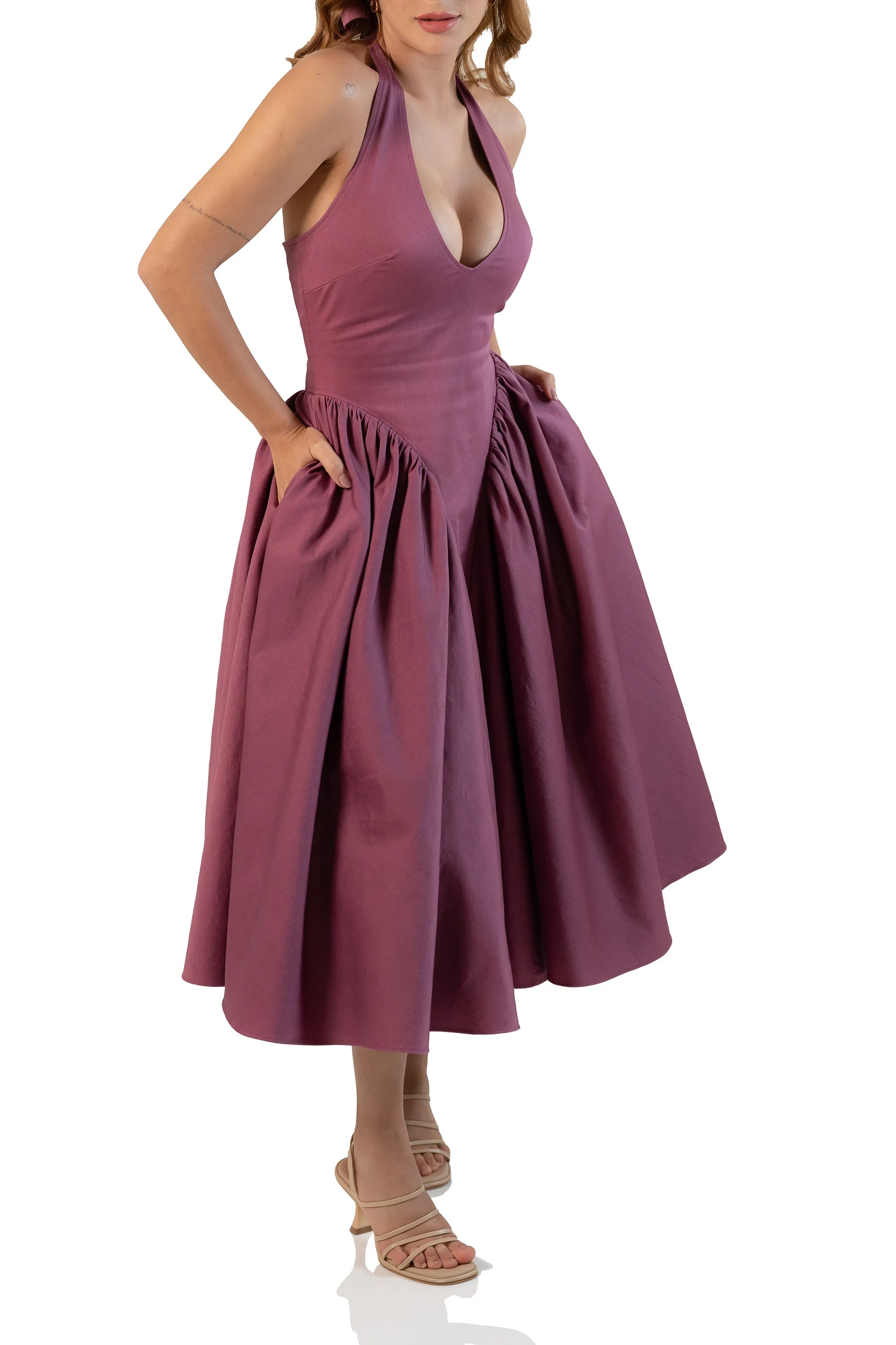 Front view: mauve halter midi dress, deep V, pockets