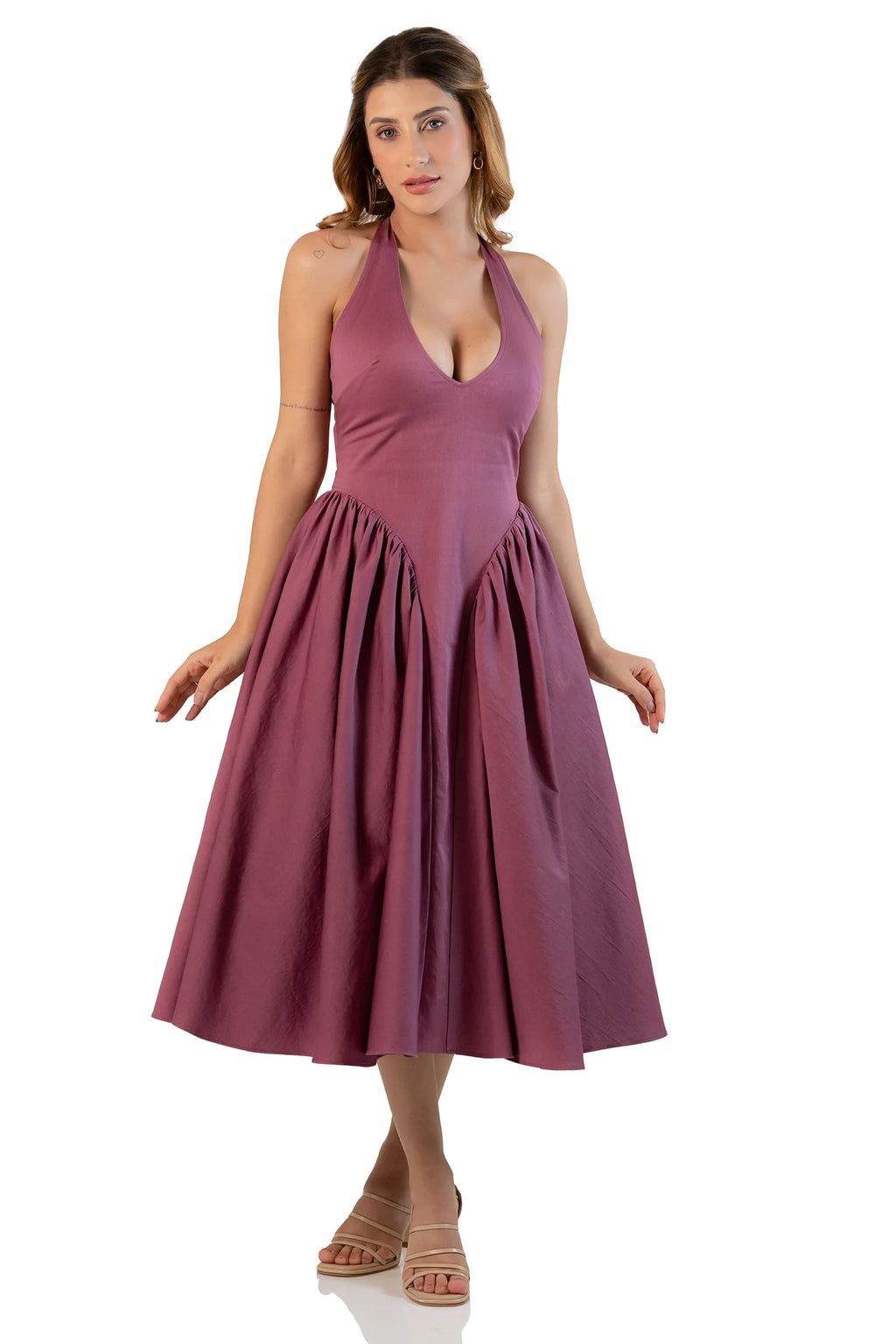 Front view: mauve halter midi dress with gathered skirt