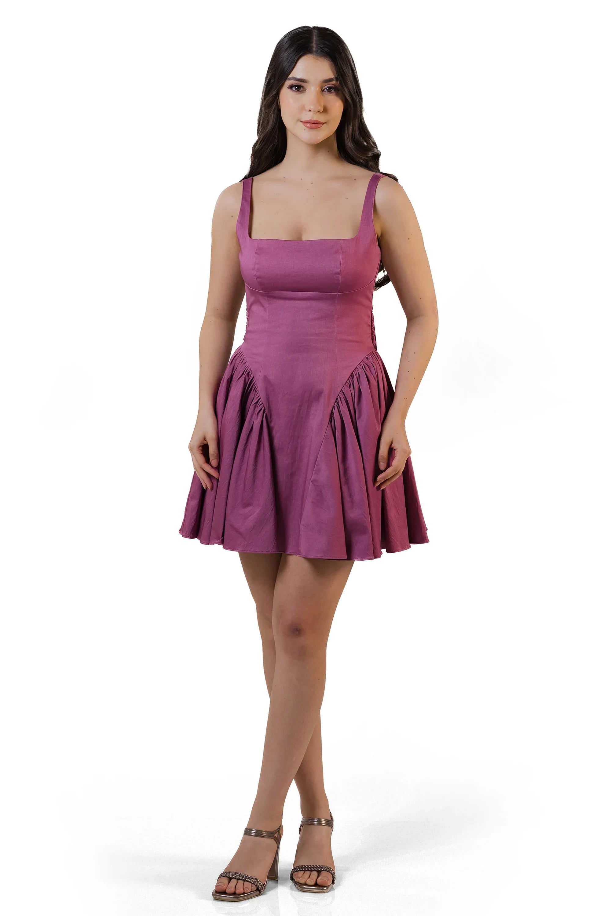 Front view of mauve square-neck fit-and-flare mini dress