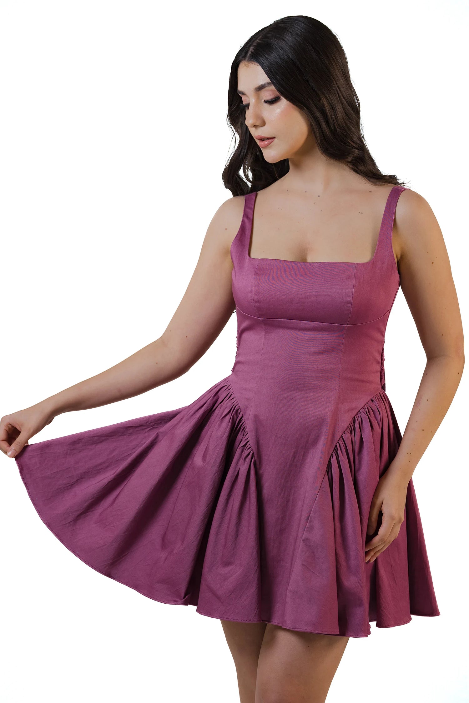 Hem flare detail on mauve square-neck fit-and-flare mini dress