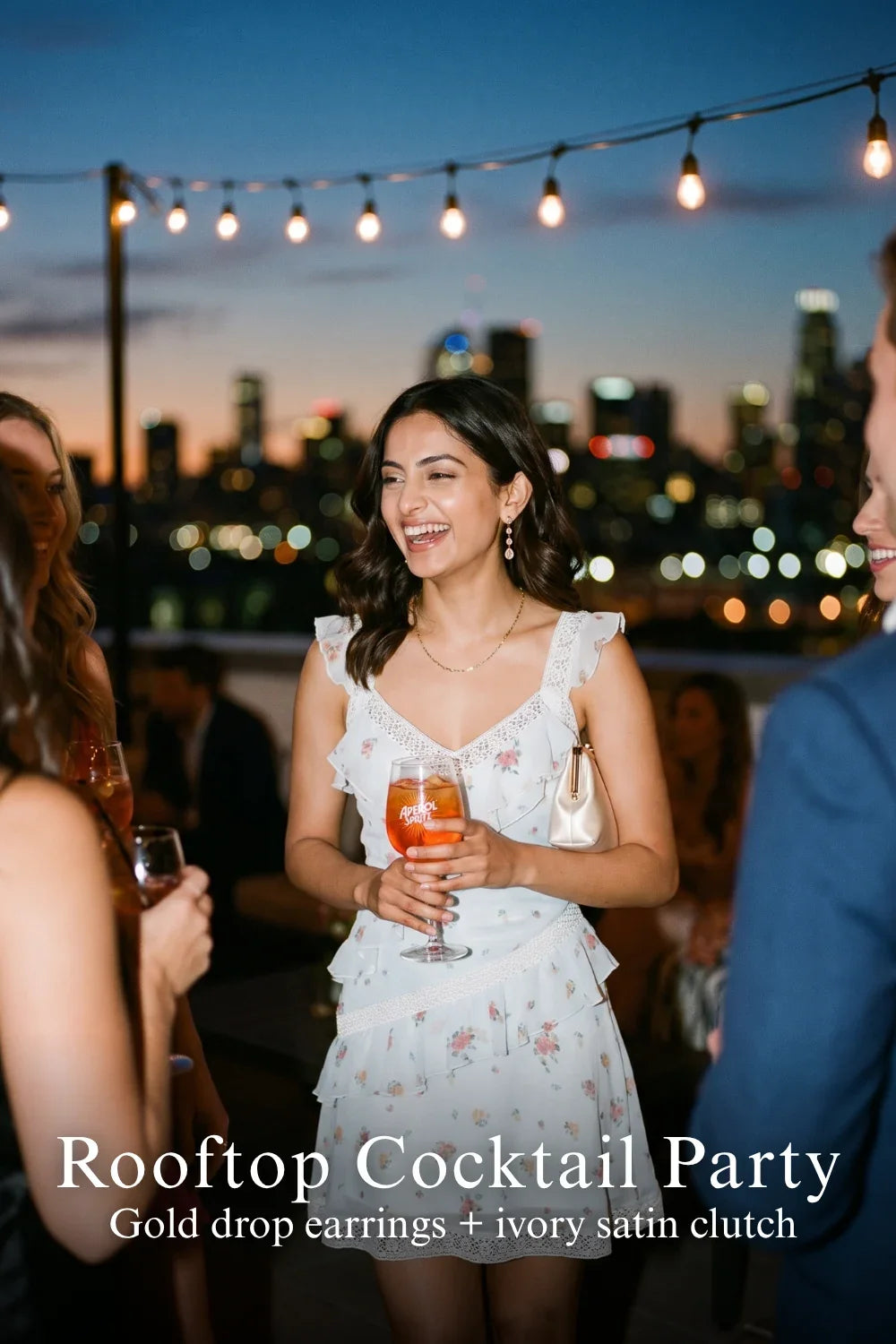 Pretty Pixie meadow rose lace ruffle mini dress for rooftop cocktail party.