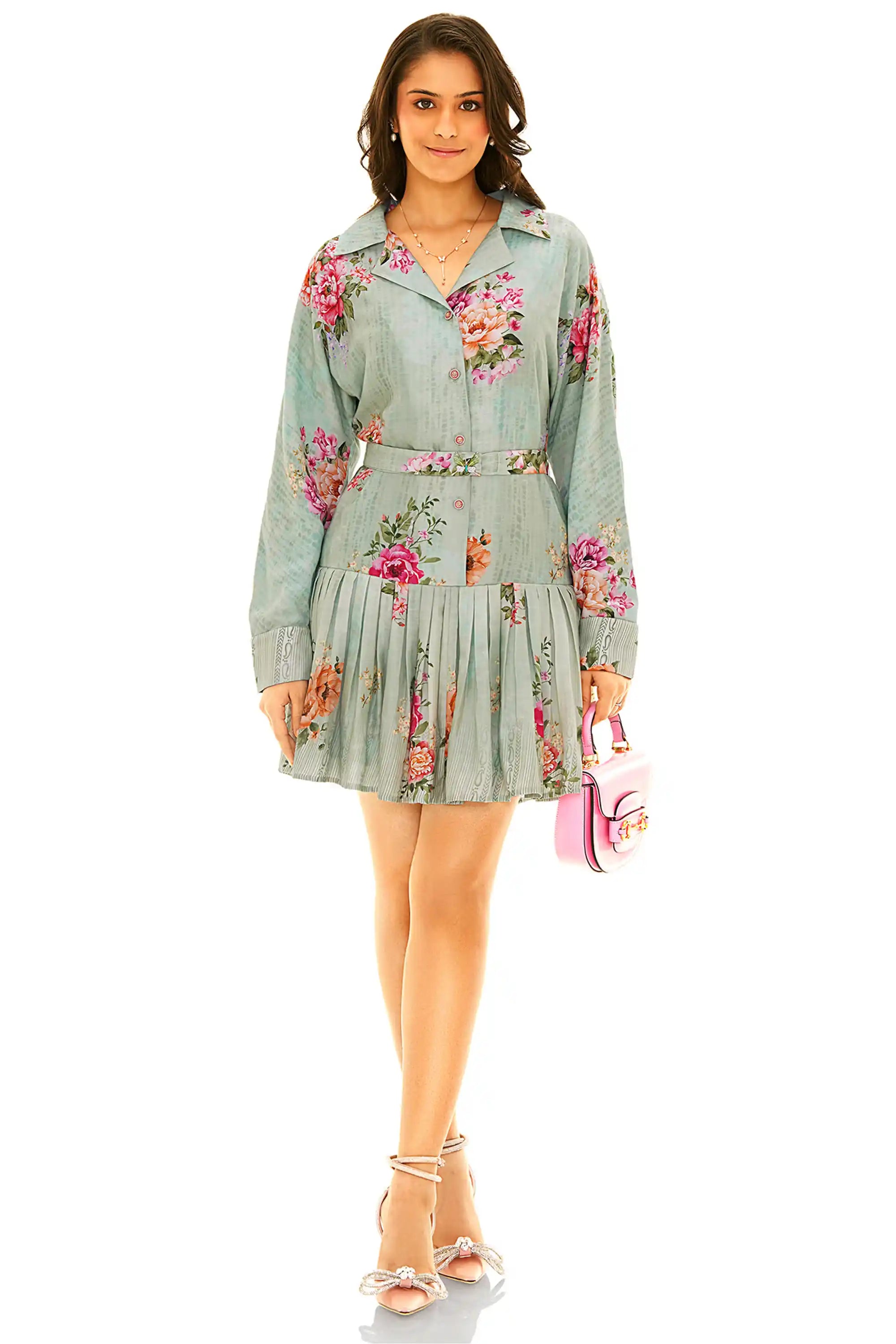 Front view of mint floral collared belted mini dress