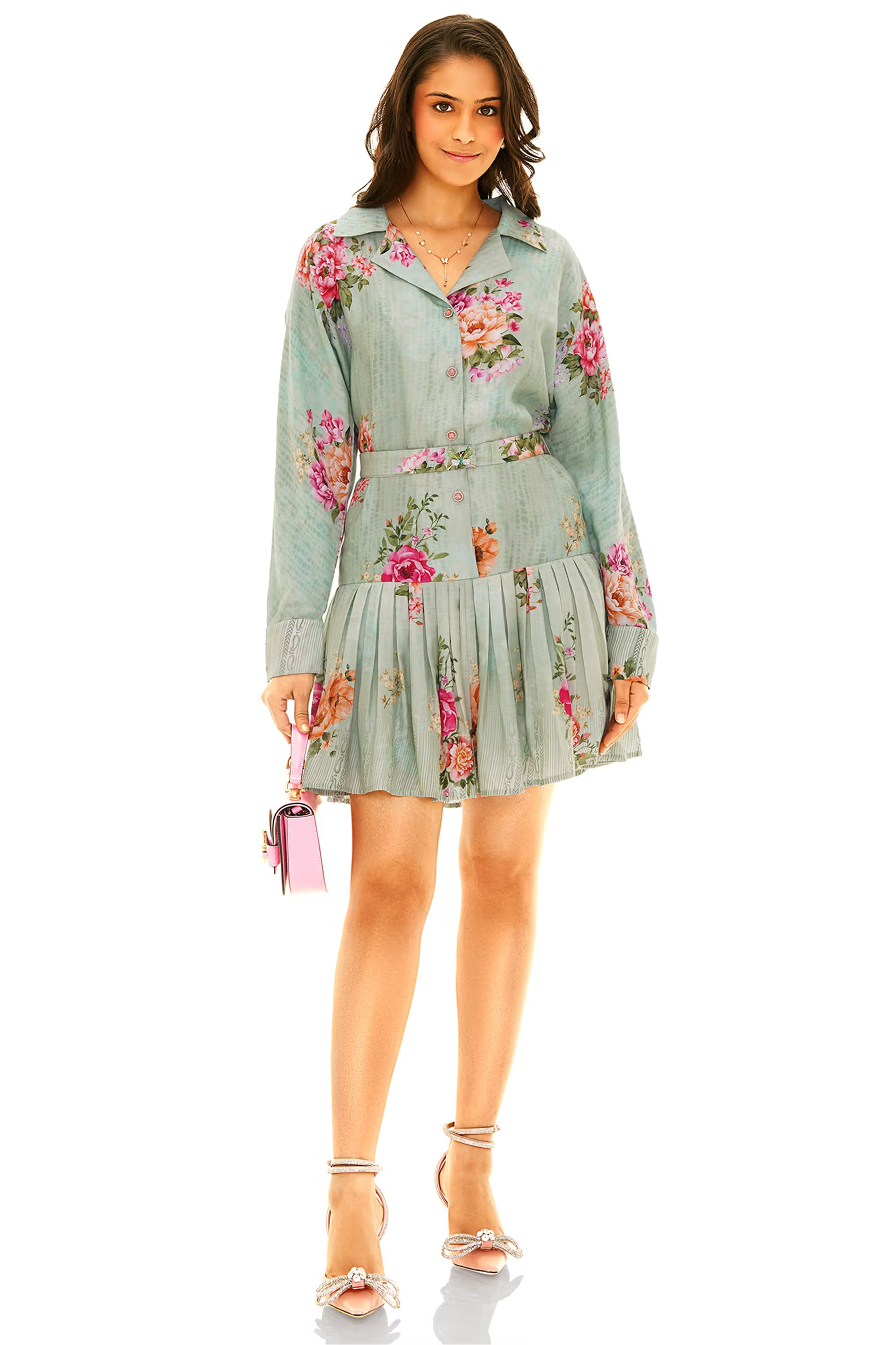 Mint green floral collared belted shirt mini dress – front view.