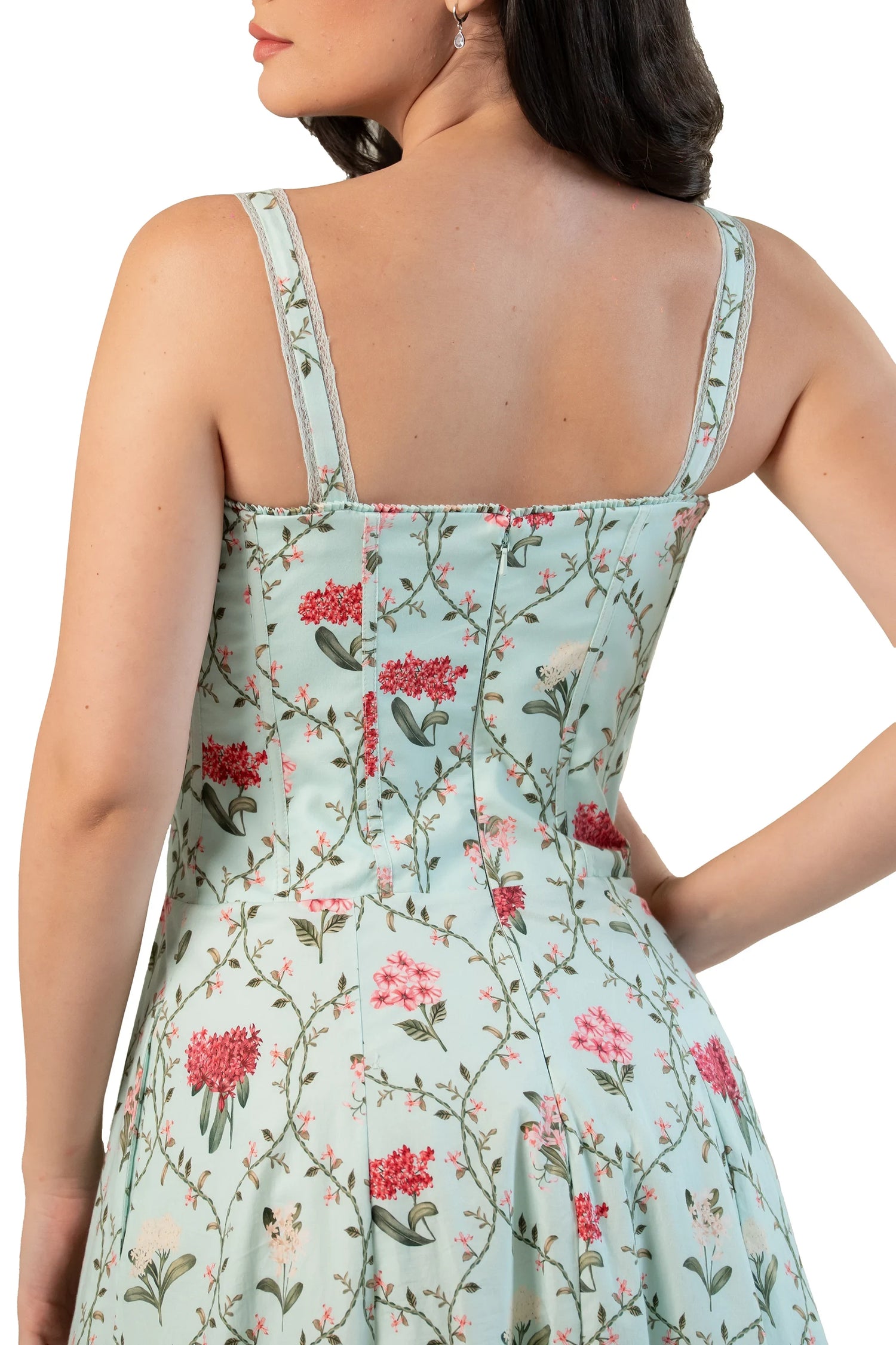 Back bodice close-up with straps, mint floral midi dress