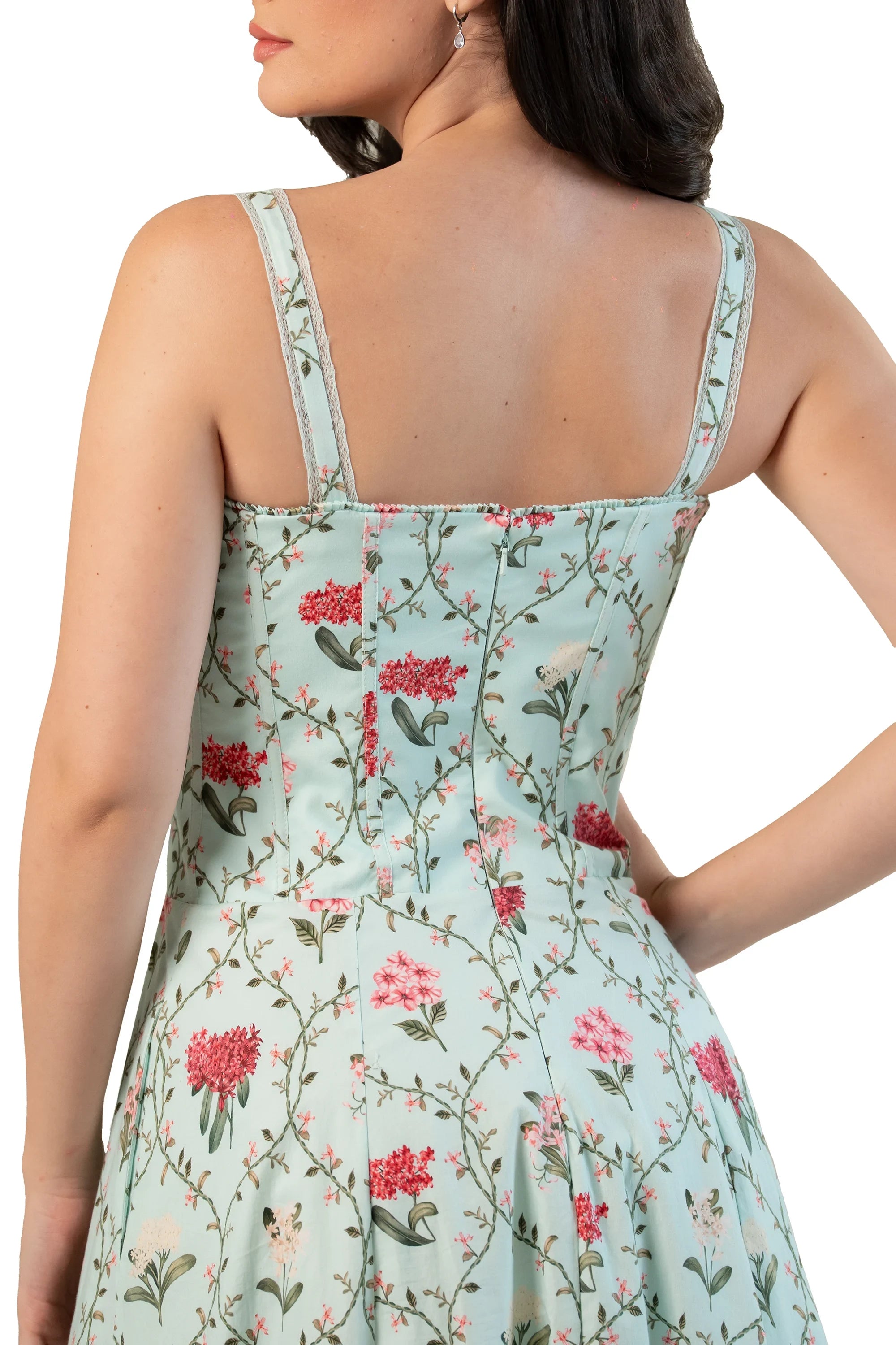 Back bodice close-up with straps, mint floral midi dress