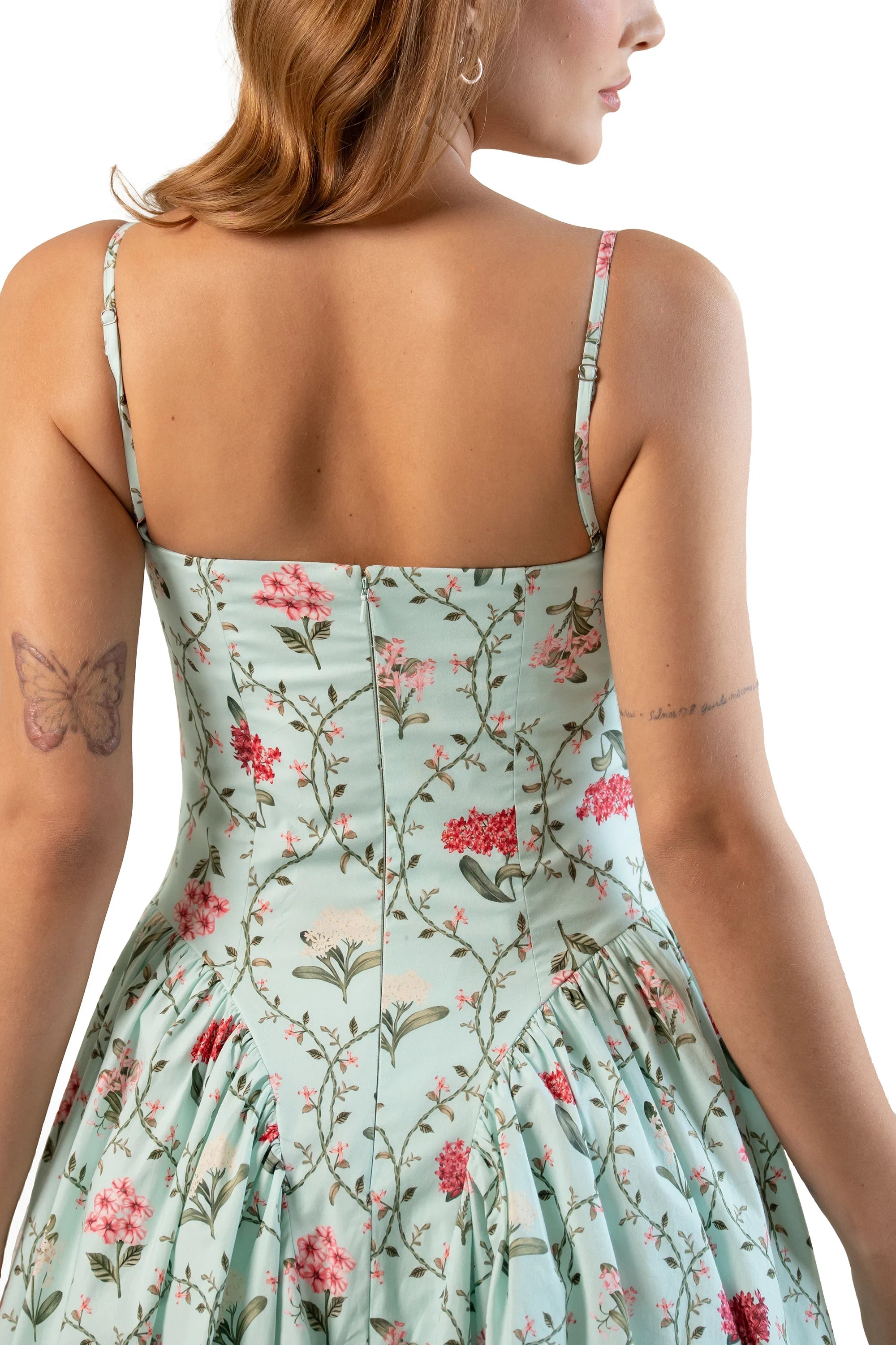 Back bodice close-up with concealed zip, mint floral midi dress