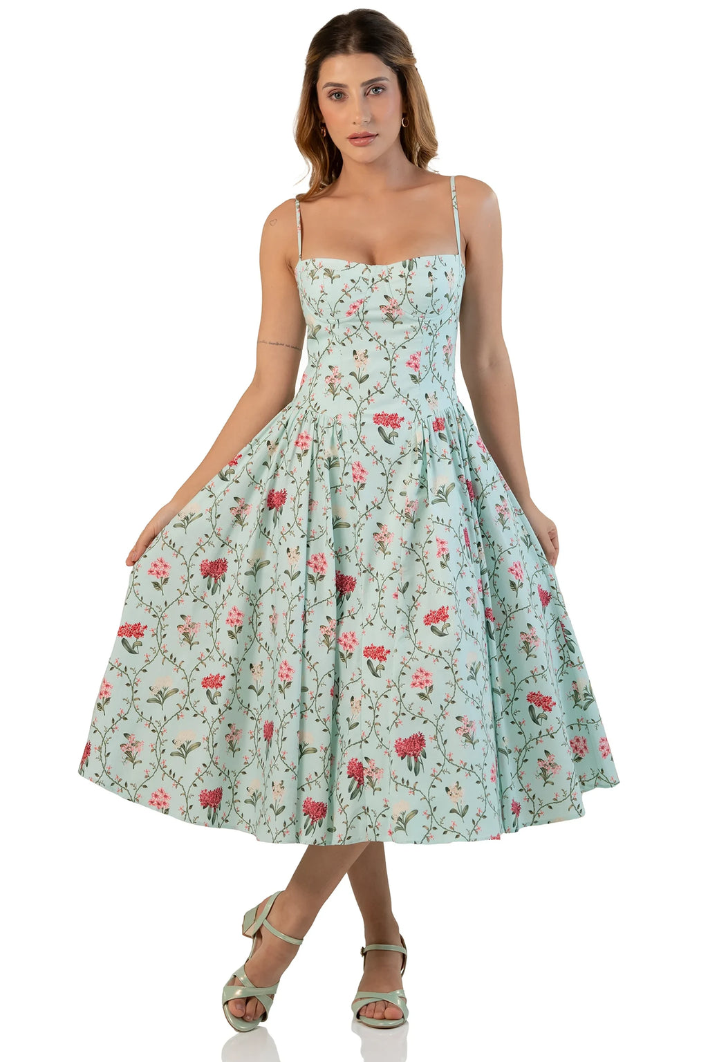 Mint floral midi dress with pockets, front view