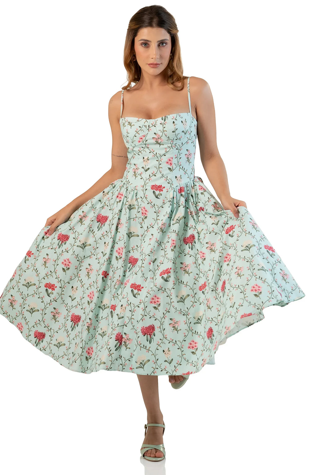 Mint floral strappy midi dress, front twirl view