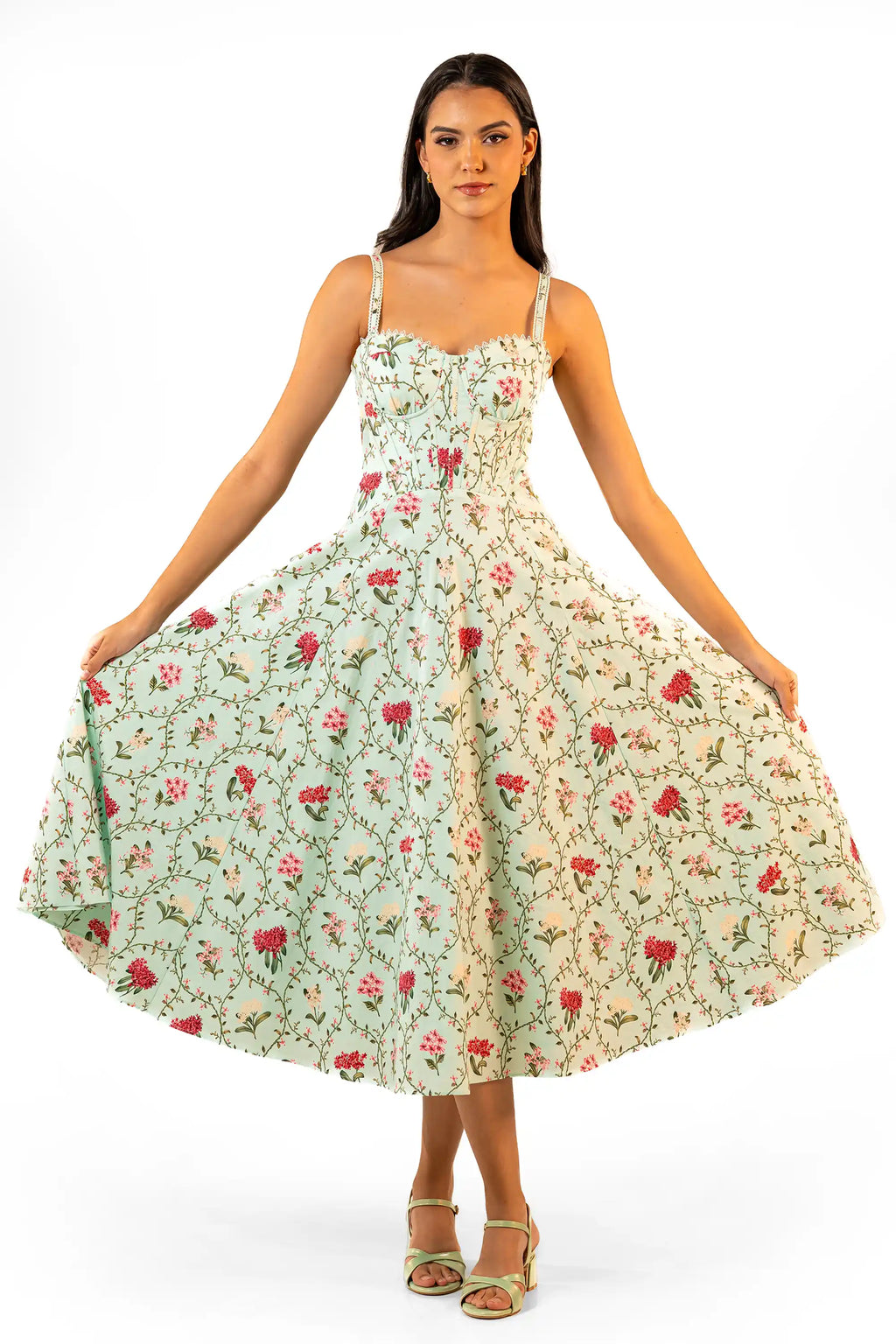 Front view of mint floral midi dress with sweetheart bustier bodice and wide flared skirt spread out