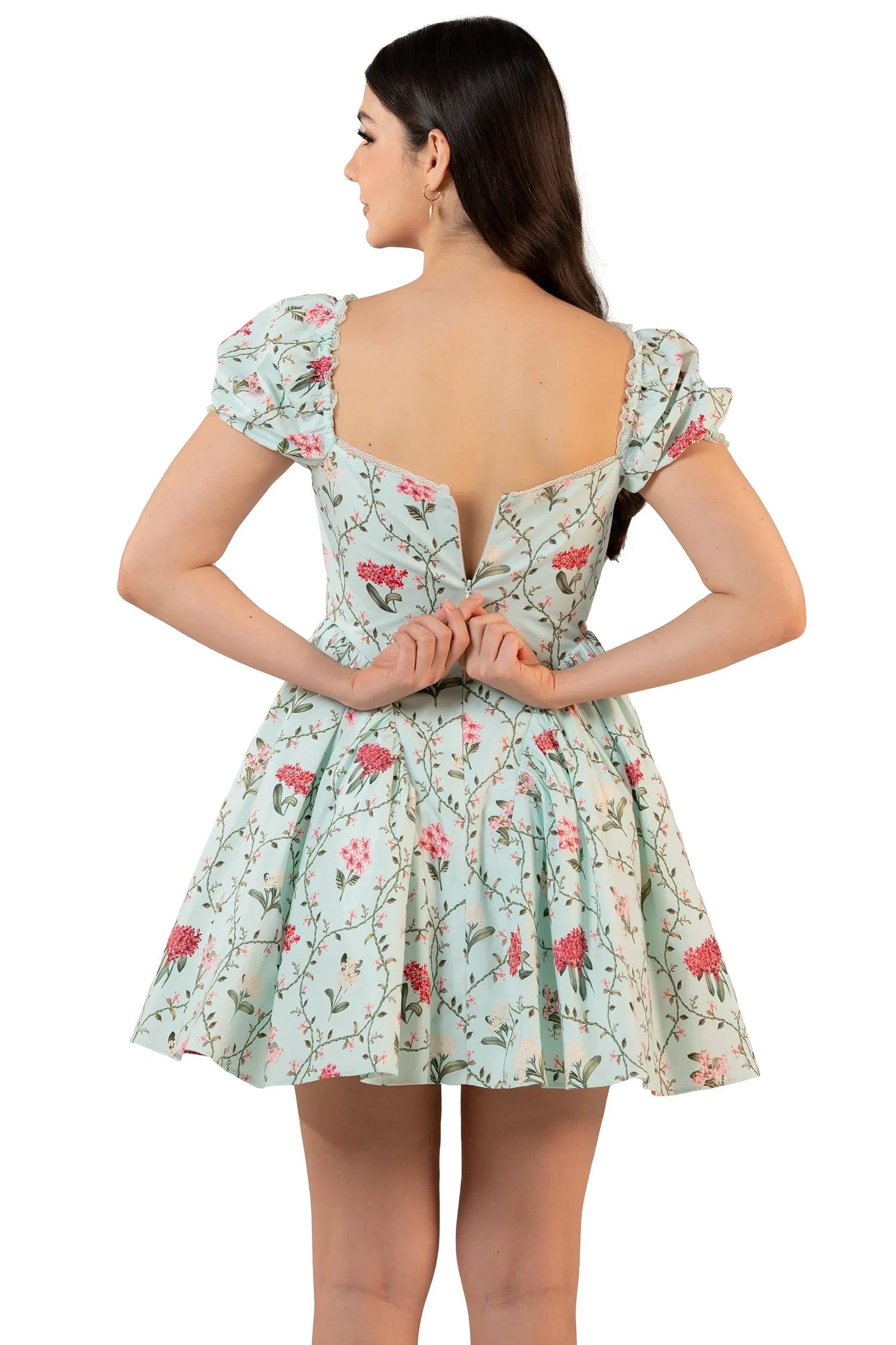 Back view with V-back and zip on mint floral mini dress