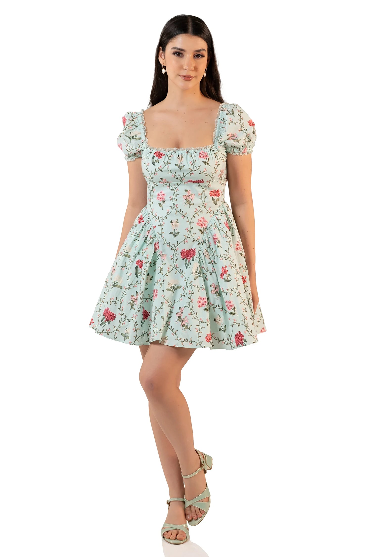 Front view of mint green floral puff-sleeve mini dress