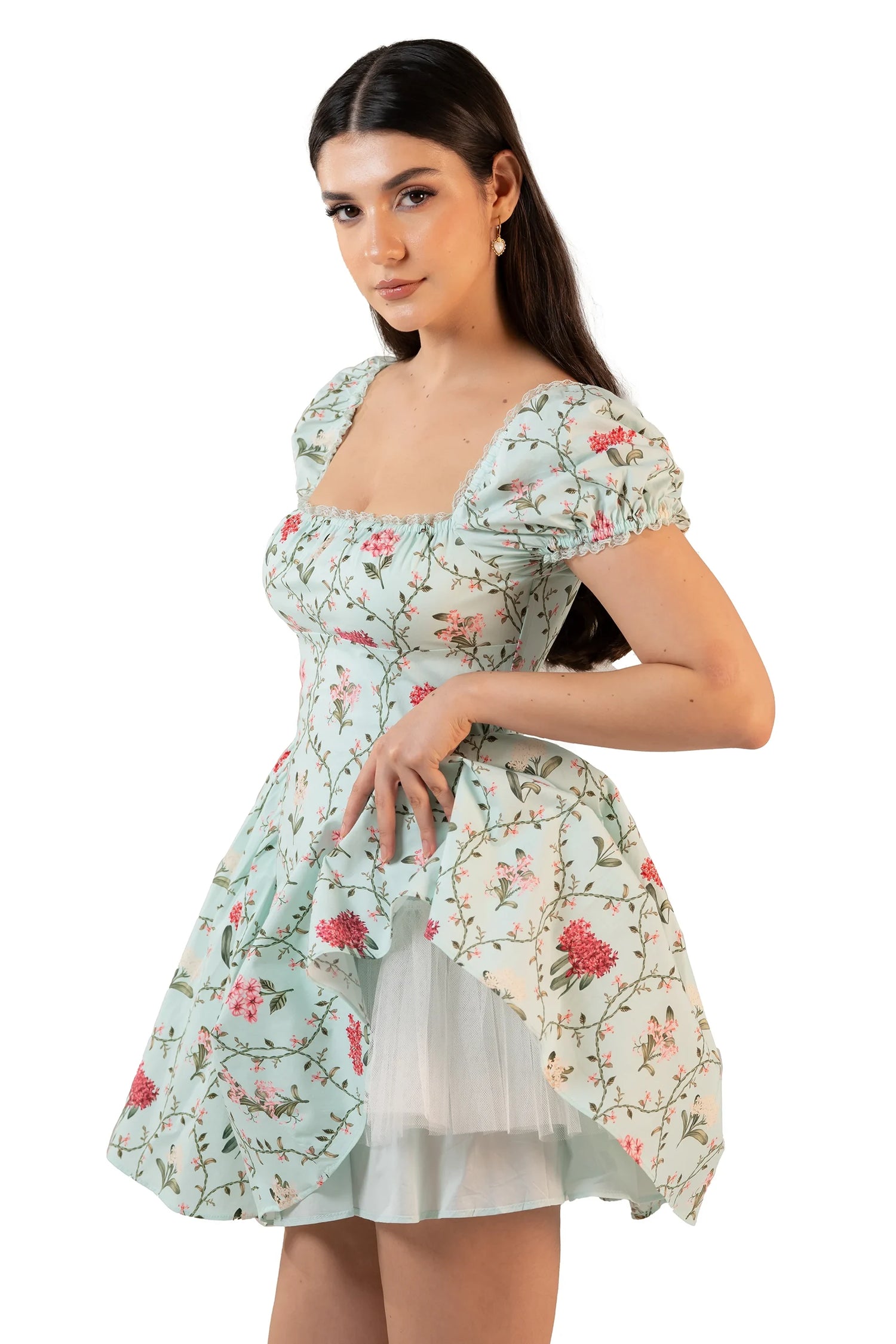 Hem and tulle lining detail, mint floral mini dress