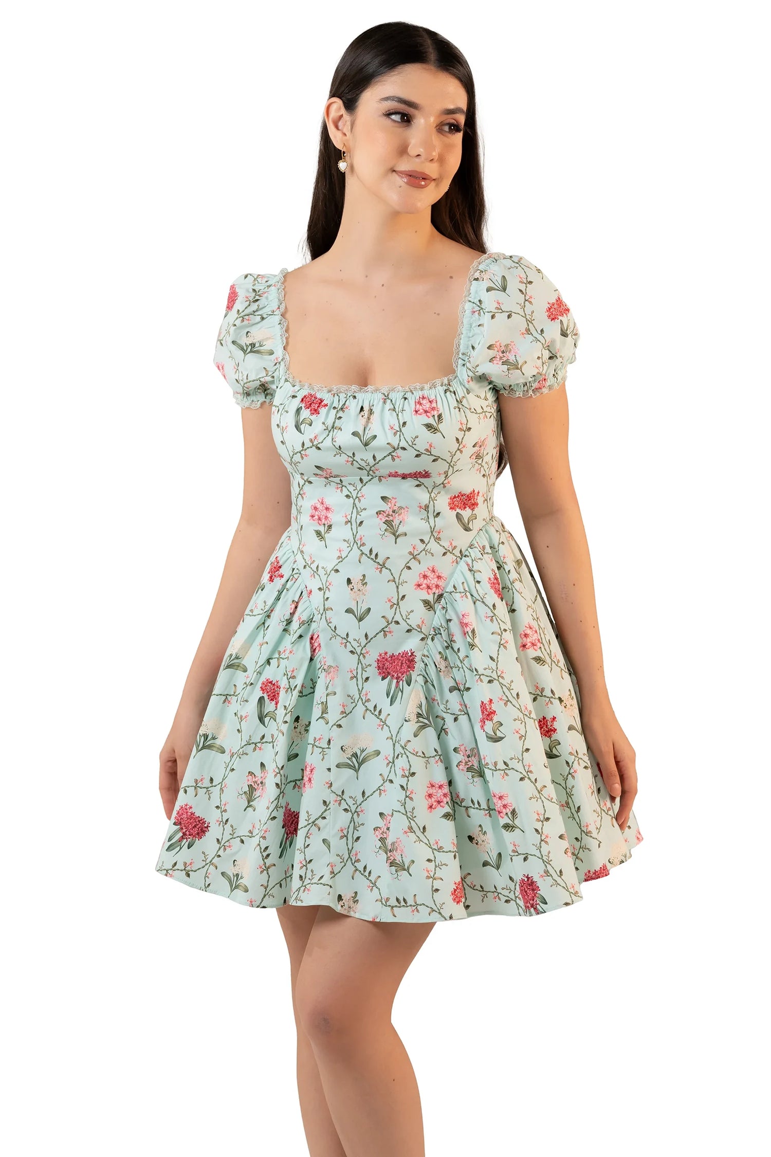 Square neck close-up of mint floral puff-sleeve mini dress