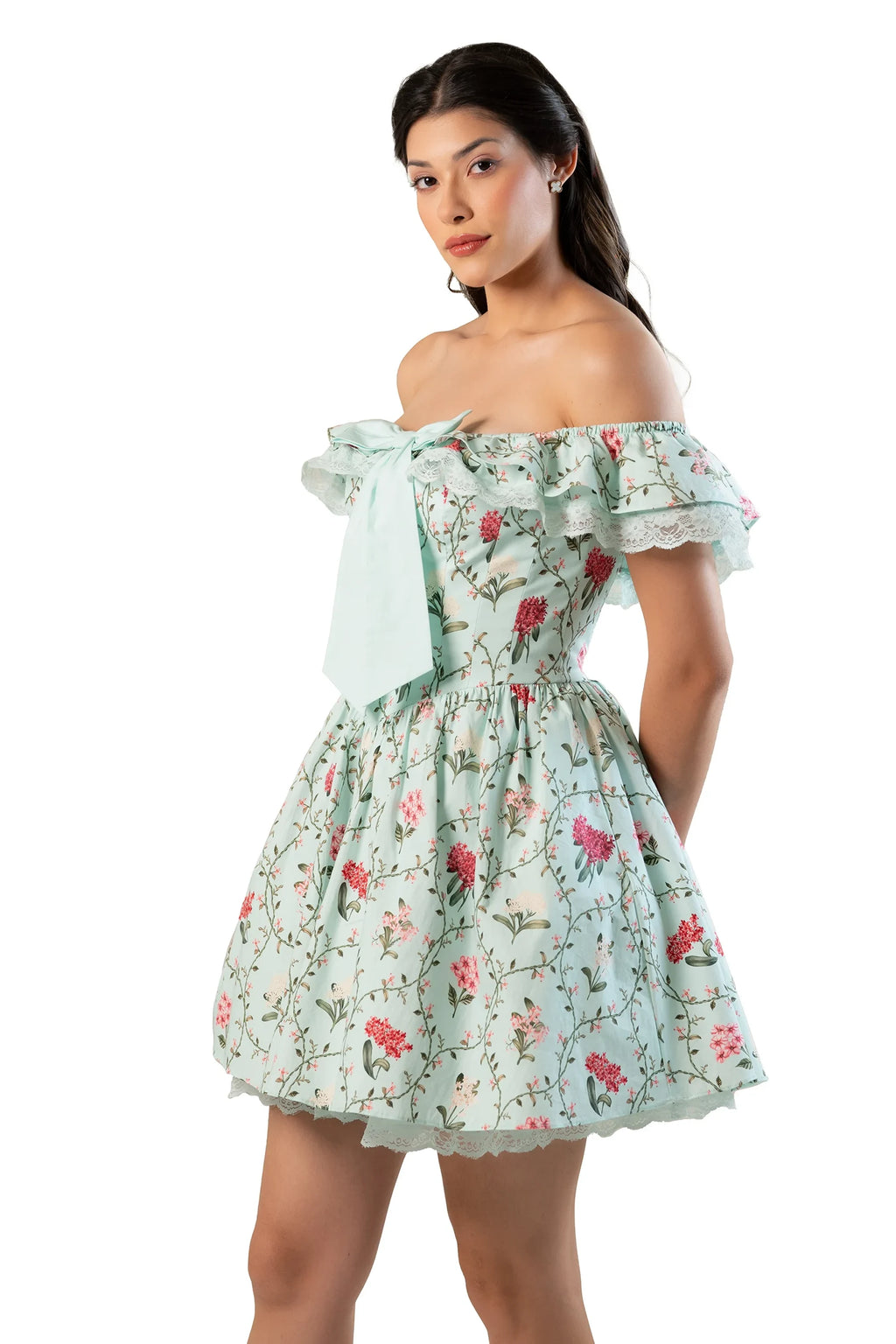 Side view: mint floral off-shoulder mini dress with ruffle and A-line skirt