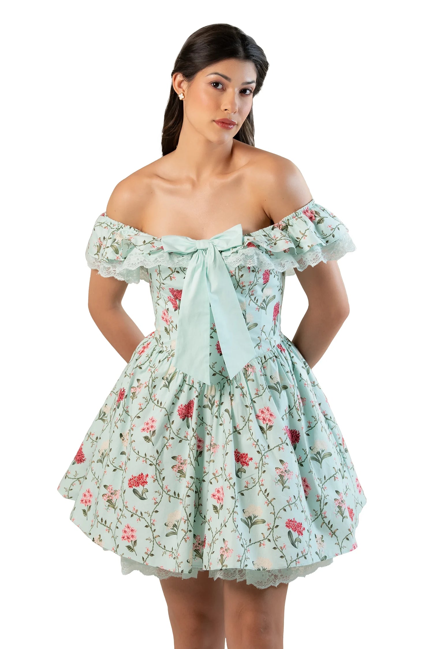 Front view: mint floral off-shoulder mini dress with big bow and flared skirt