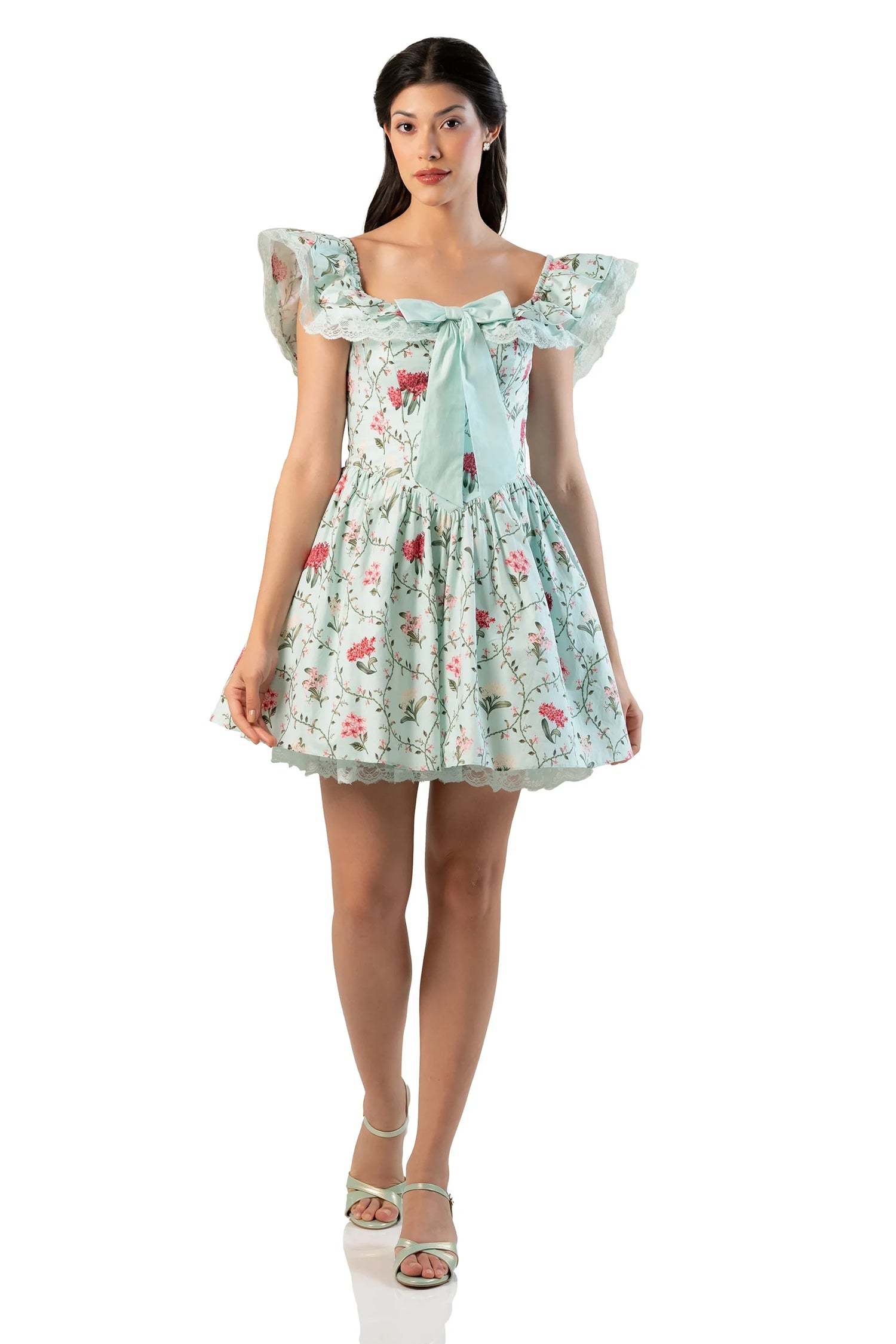 Full front: mint floral off-shoulder mini, ruffled neckline and lace trim