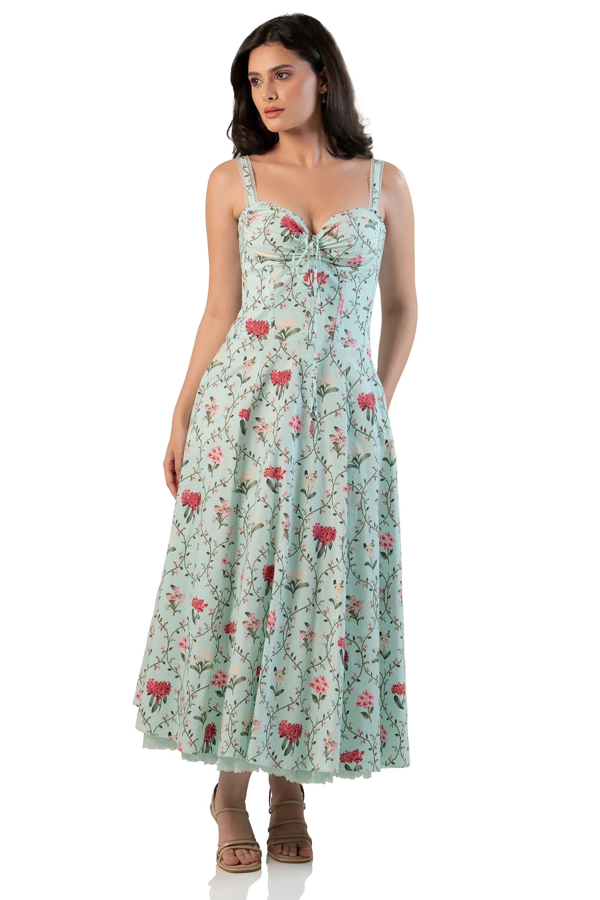 Mint floral ruched-bust midi dress, front view on model
