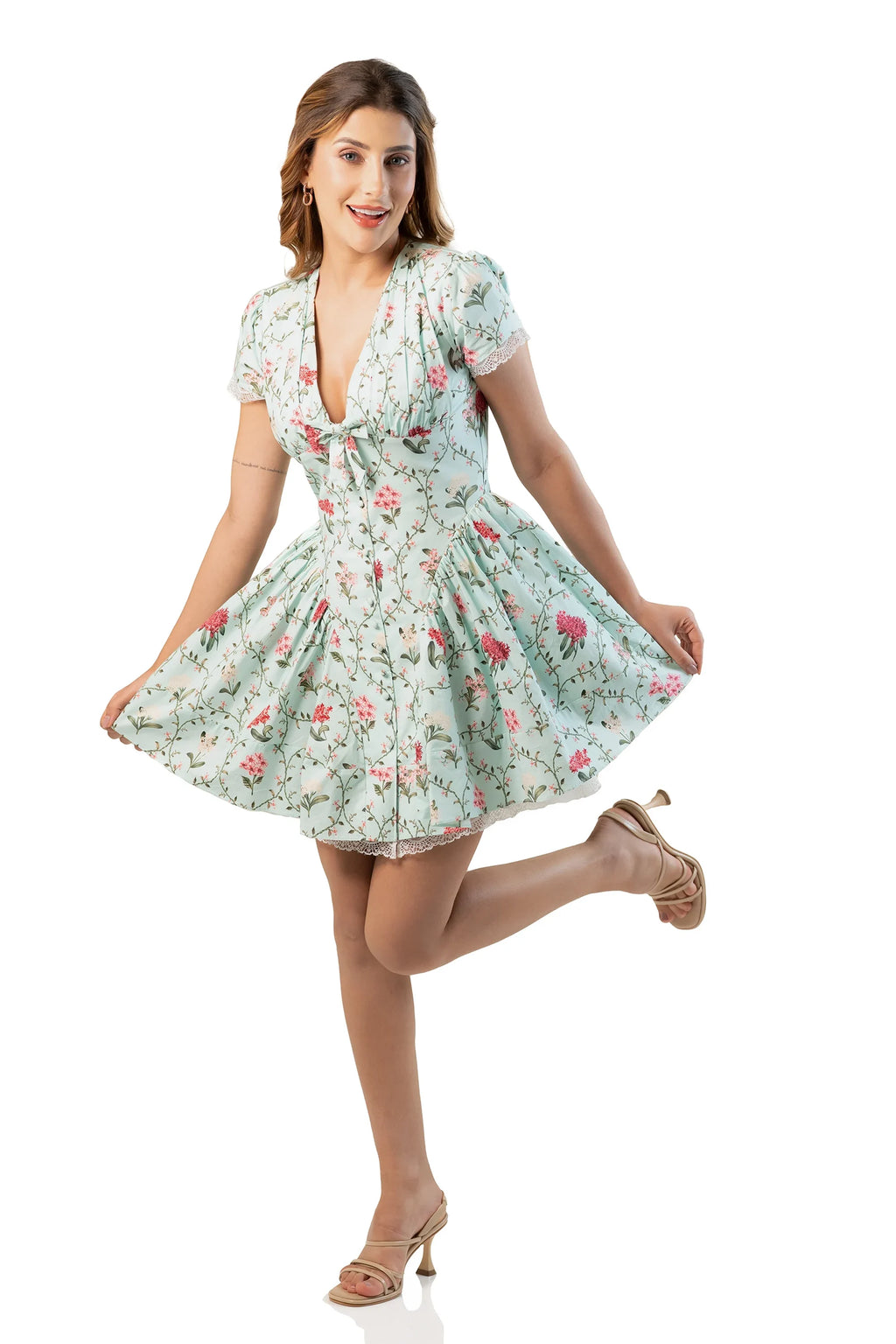Front view: mint floral V-neck mini dress with tie-front and lace-trim hem