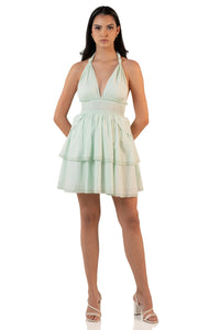Pretty Pixie mint halter tiered mini dress front