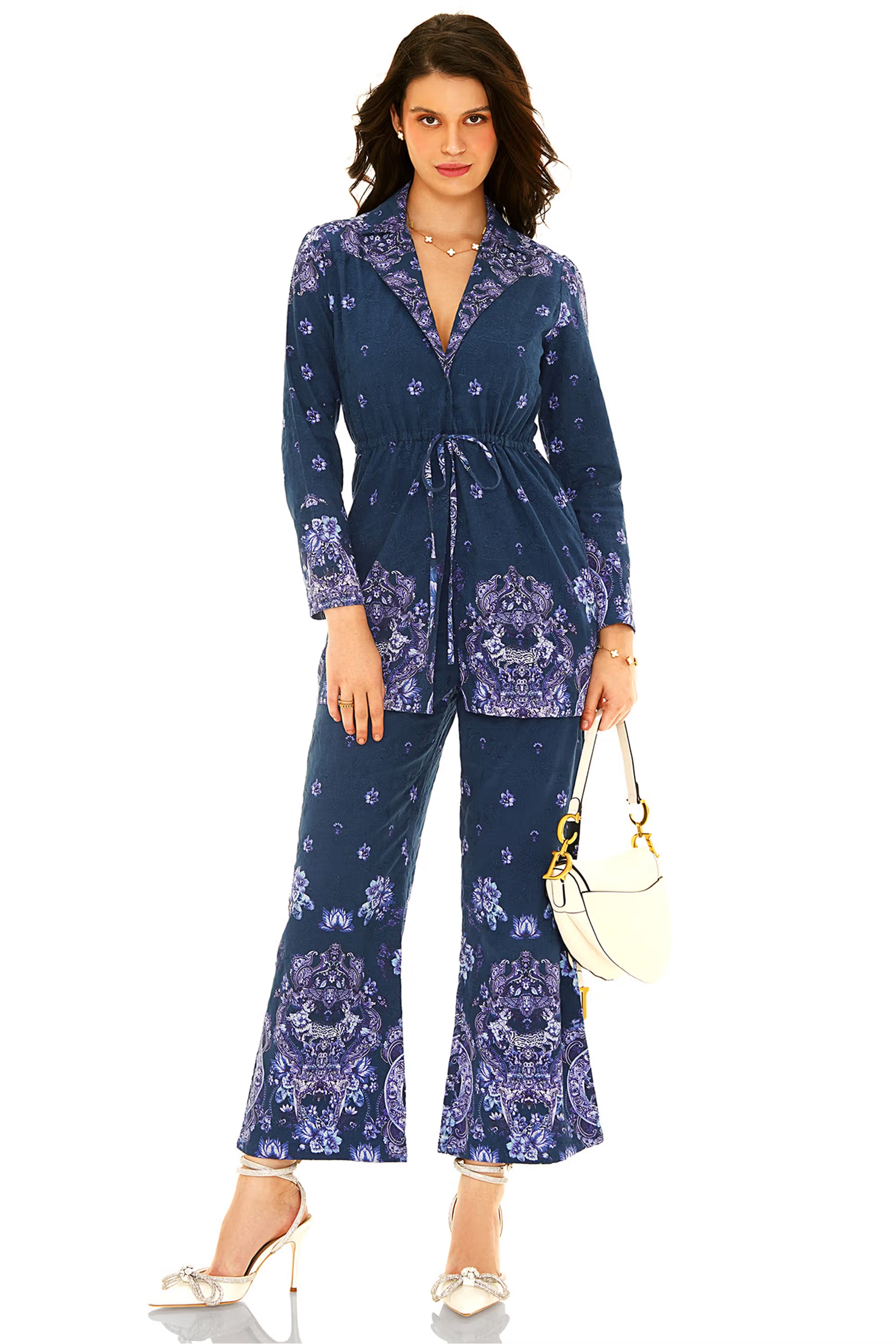 Navy blue floral co-ord set with blazer-style top and wide-leg pants, front view