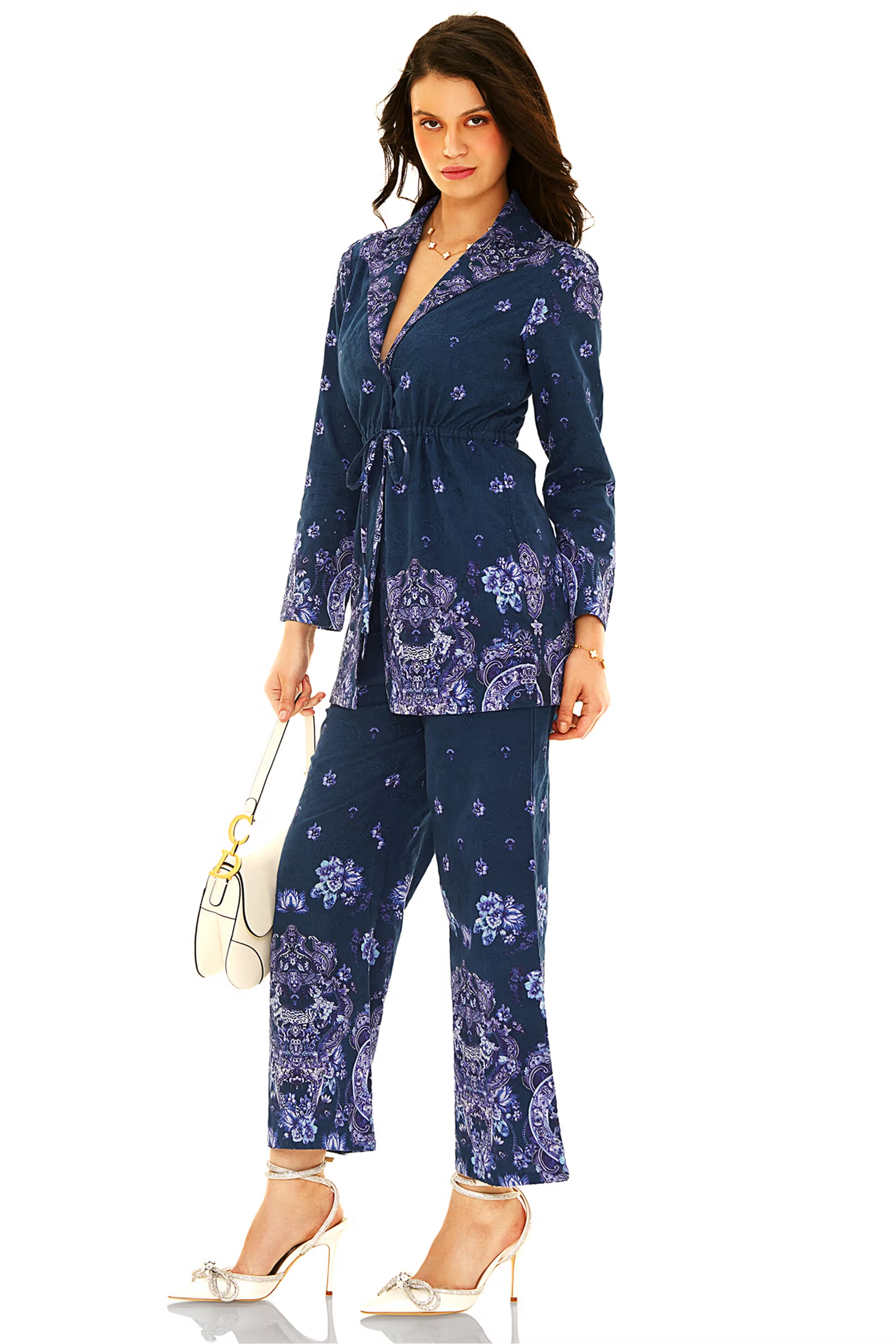 Stylish navy blue floral co-ord set with belted waist and printed details, side view