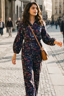 Navy Floral Belted Shirt & Wide-Leg Co-Ord Set