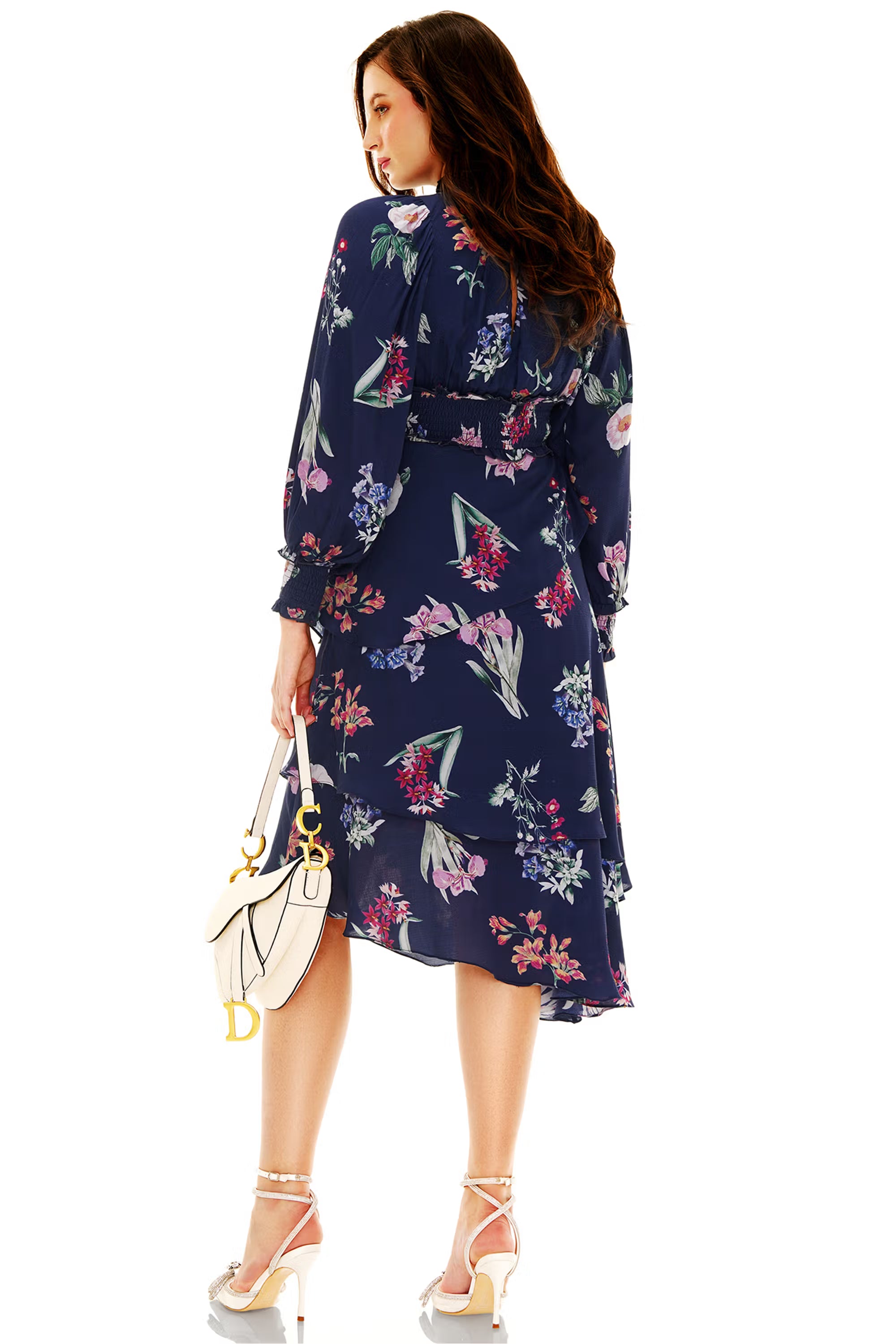 Back view of navy floral high-neck midi dress with keyhole detail and tiered skirt