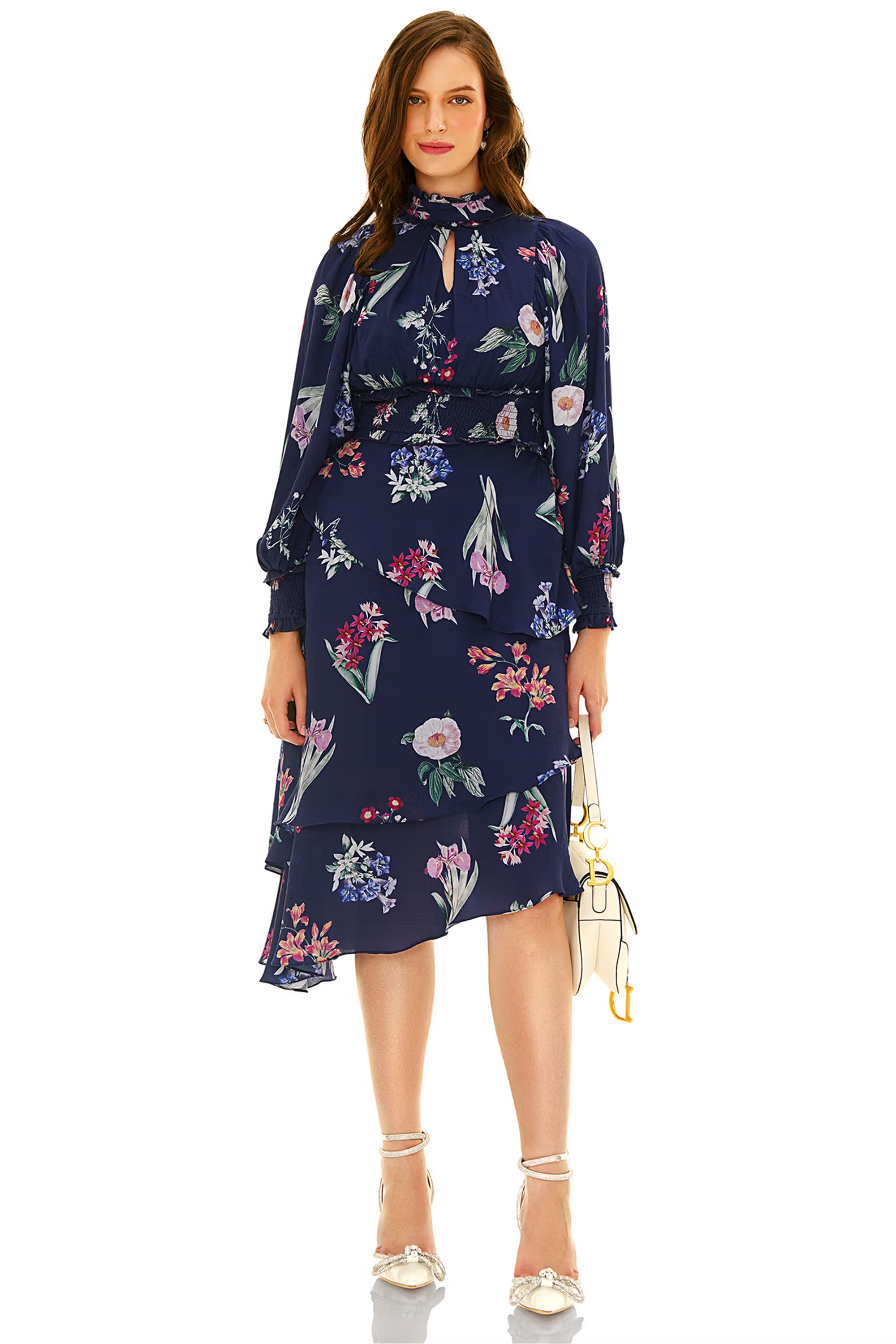 Model wearing navy floral high-neck midi dress with long sleeves, front view