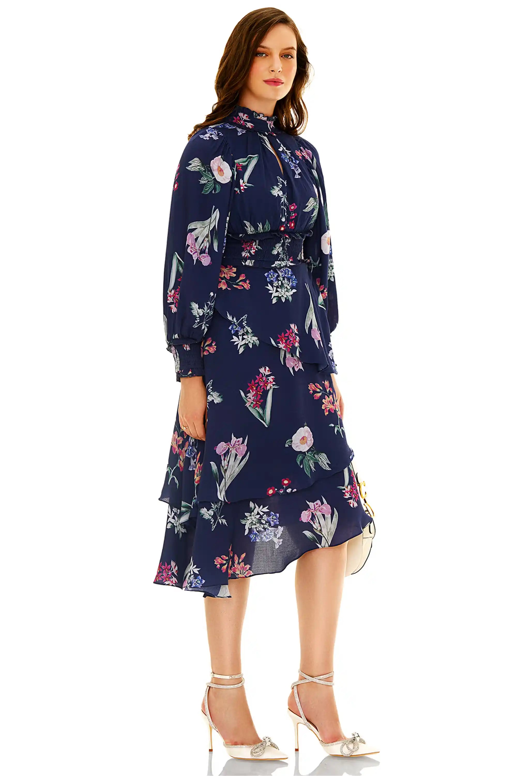 Navy floral high-neck midi dress side view