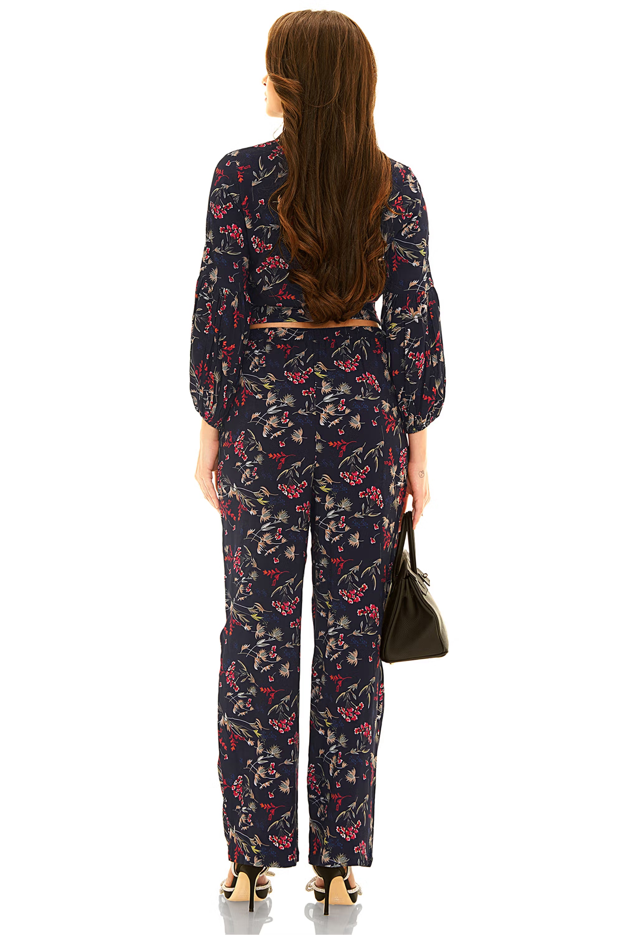 Navy floral long-sleeve belted co-ord set with wide pants, back view