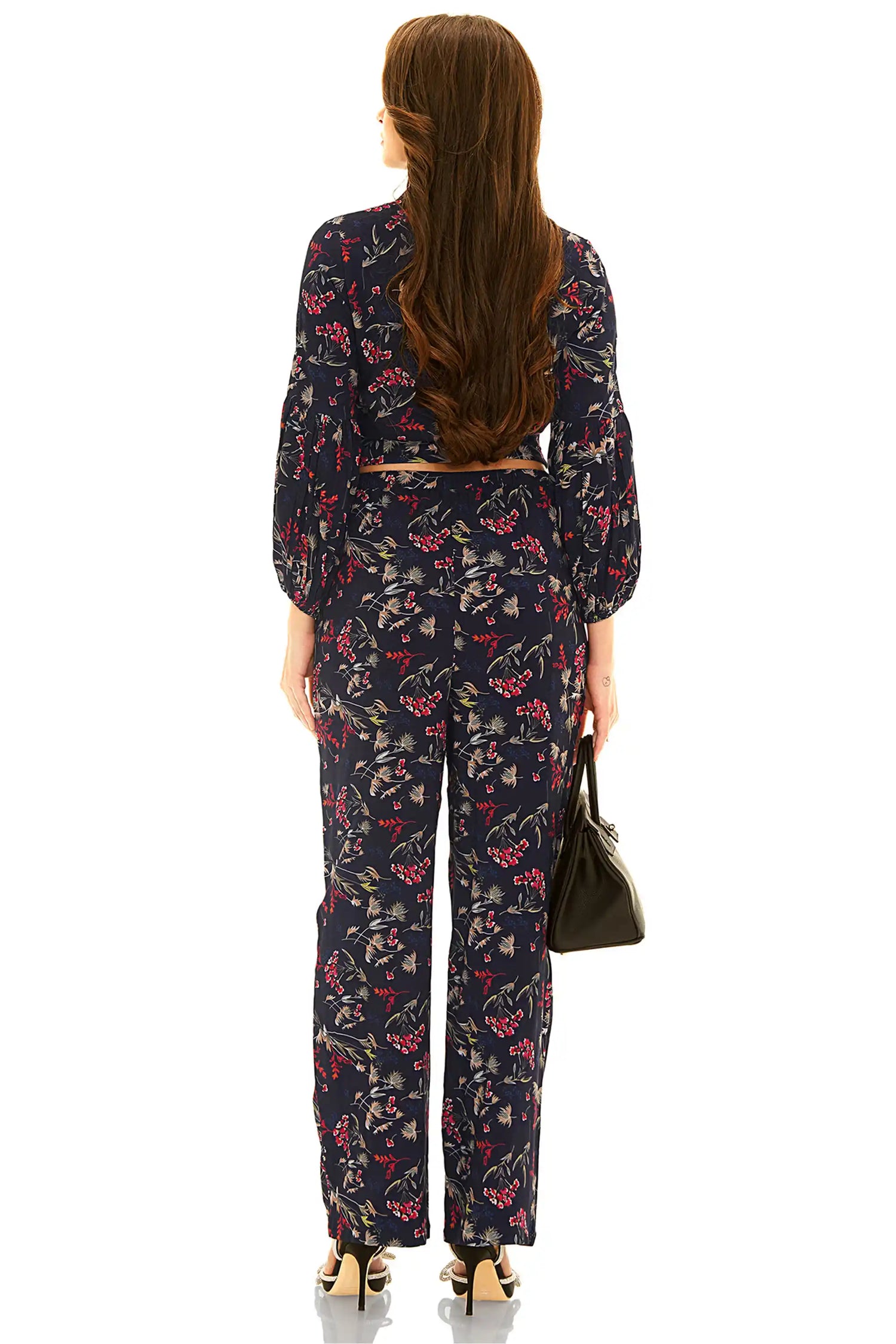 Navy floral belted co-ord set back view with long sleeves and wide pants
