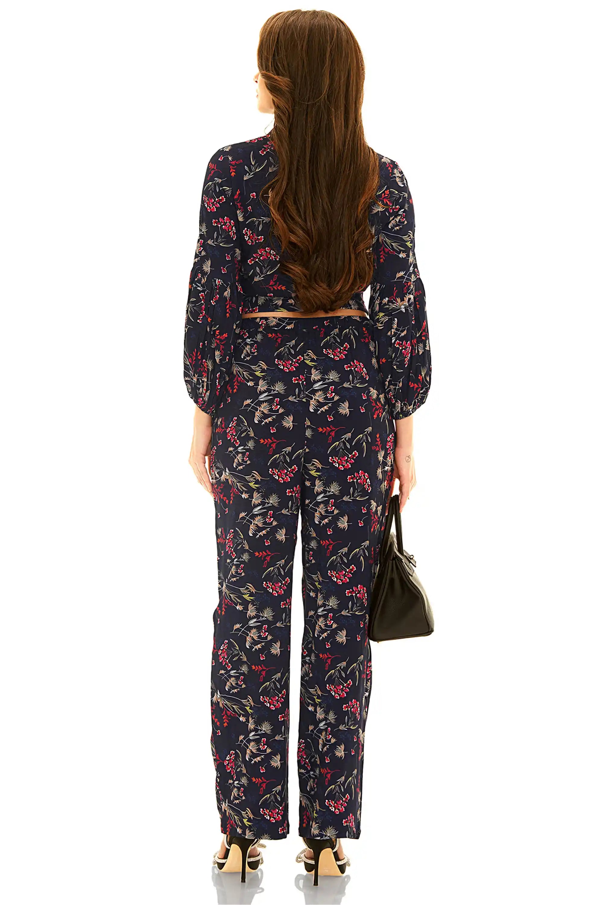 Navy floral belted co-ord set back view with long sleeves and wide pants