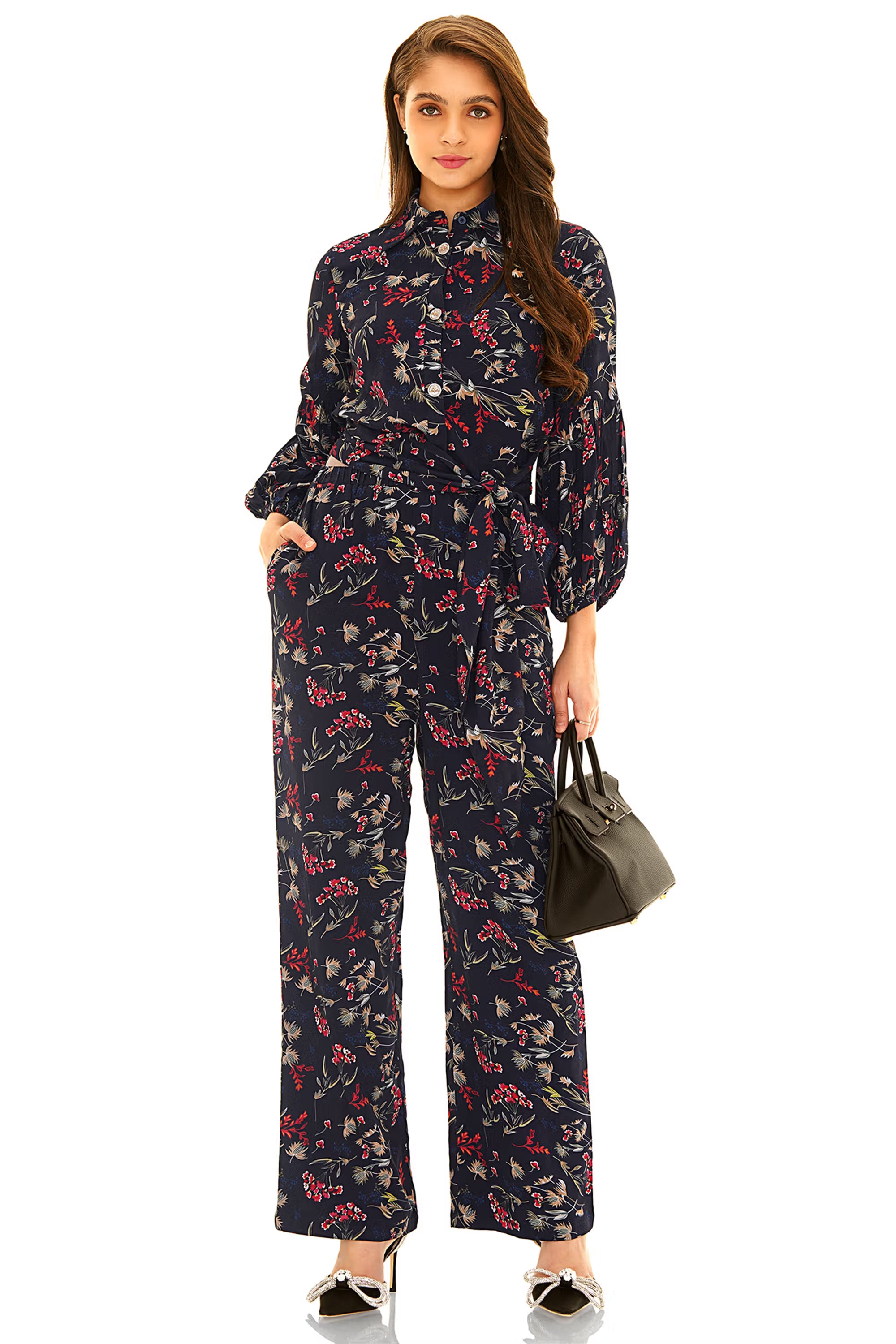 Navy floral long-sleeve belted co-ord set with wide pants, front view