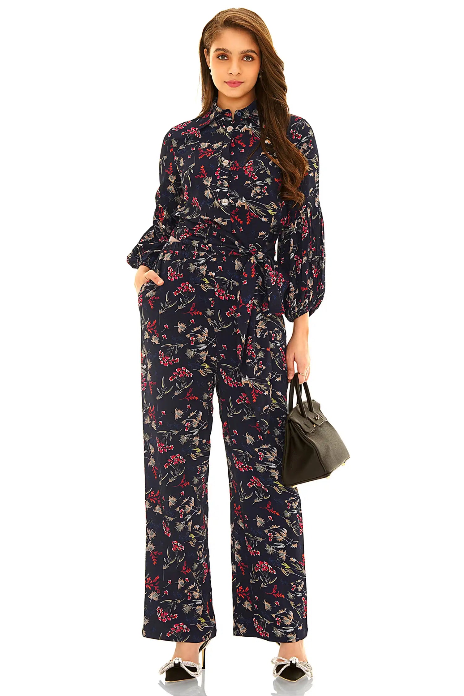 navy-floral-long-sleeve-belted-co-ord-set-side-view