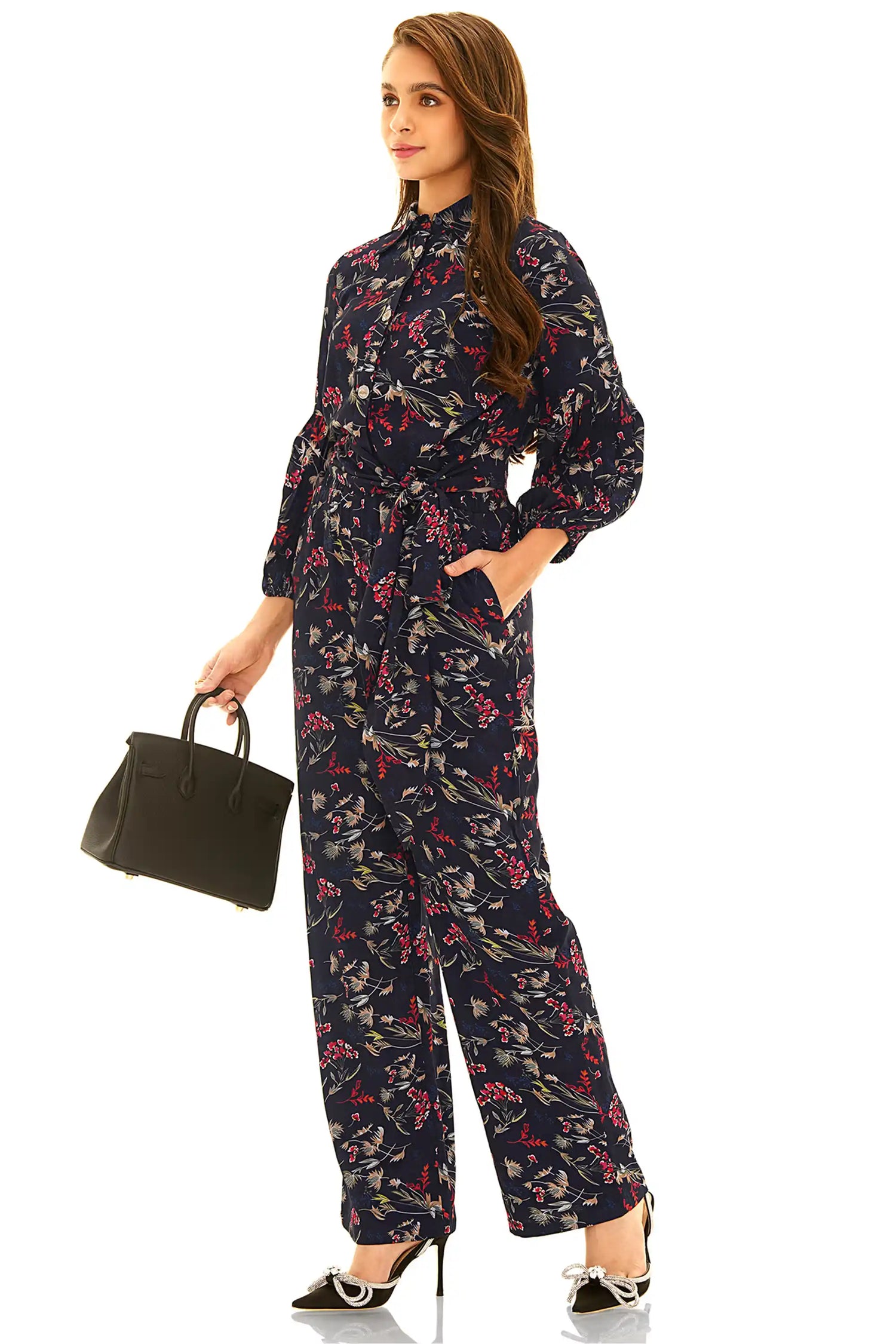 Navy floral belted co-ord set back view with long sleeves and wide pants