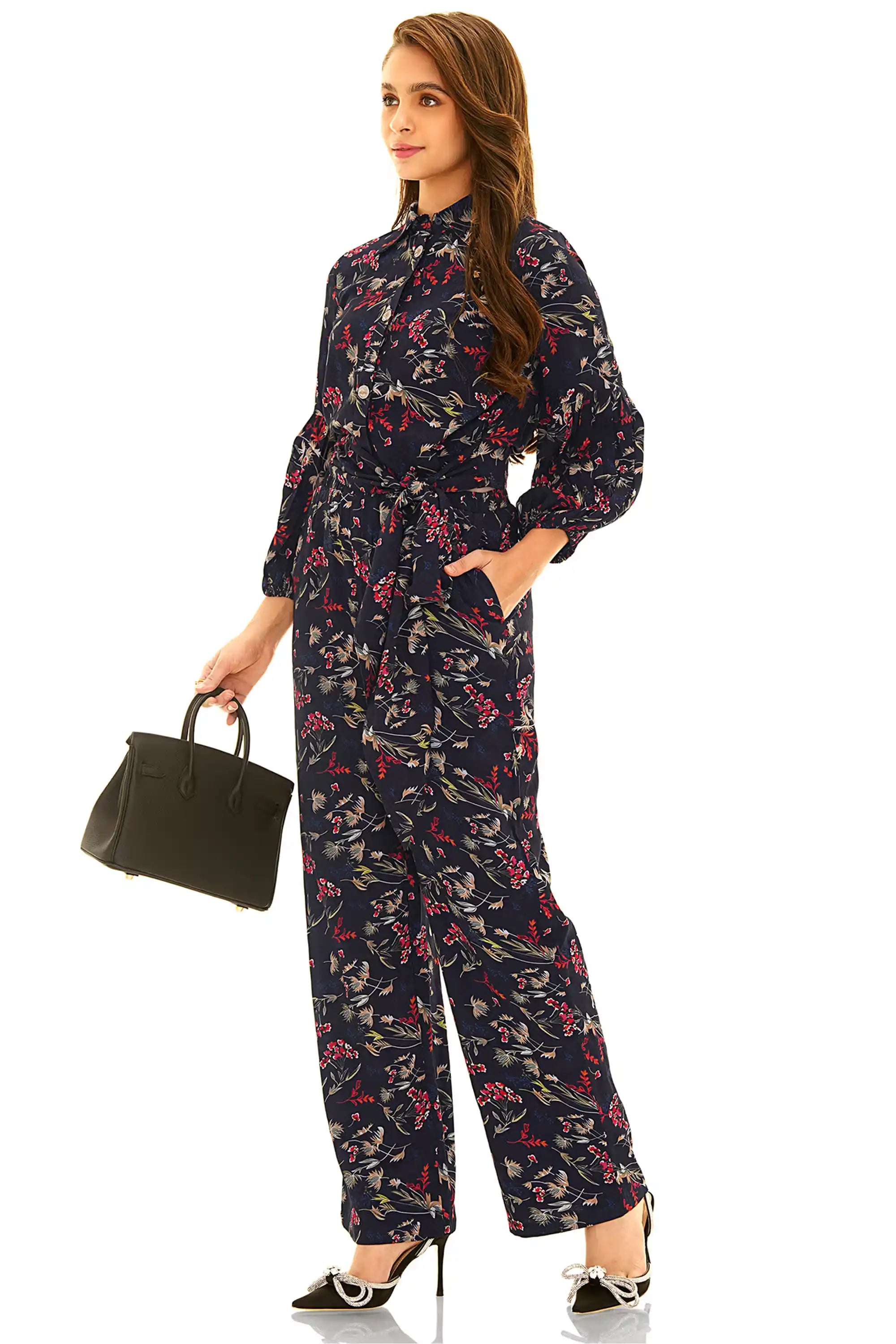 Navy floral belted co-ord set back view with long sleeves and wide pants