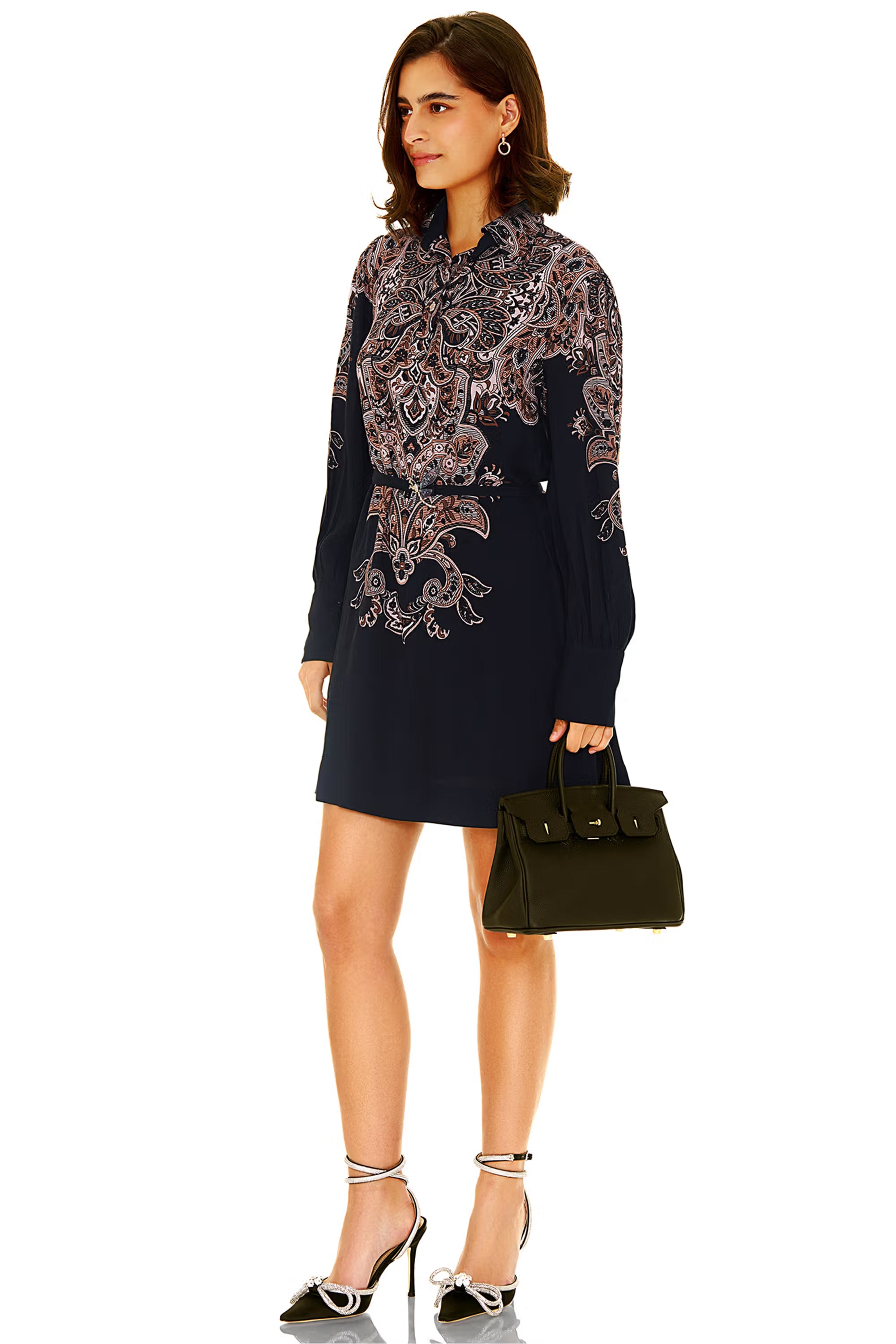 Elegant navy floral printed long sleeve mini dress with structured waist – side profile.