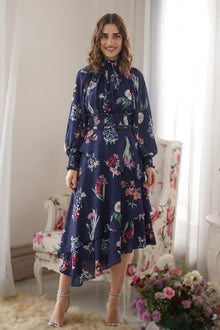 Twilight Rose Navy Floral Ruffle Hi-Low Midi Dress