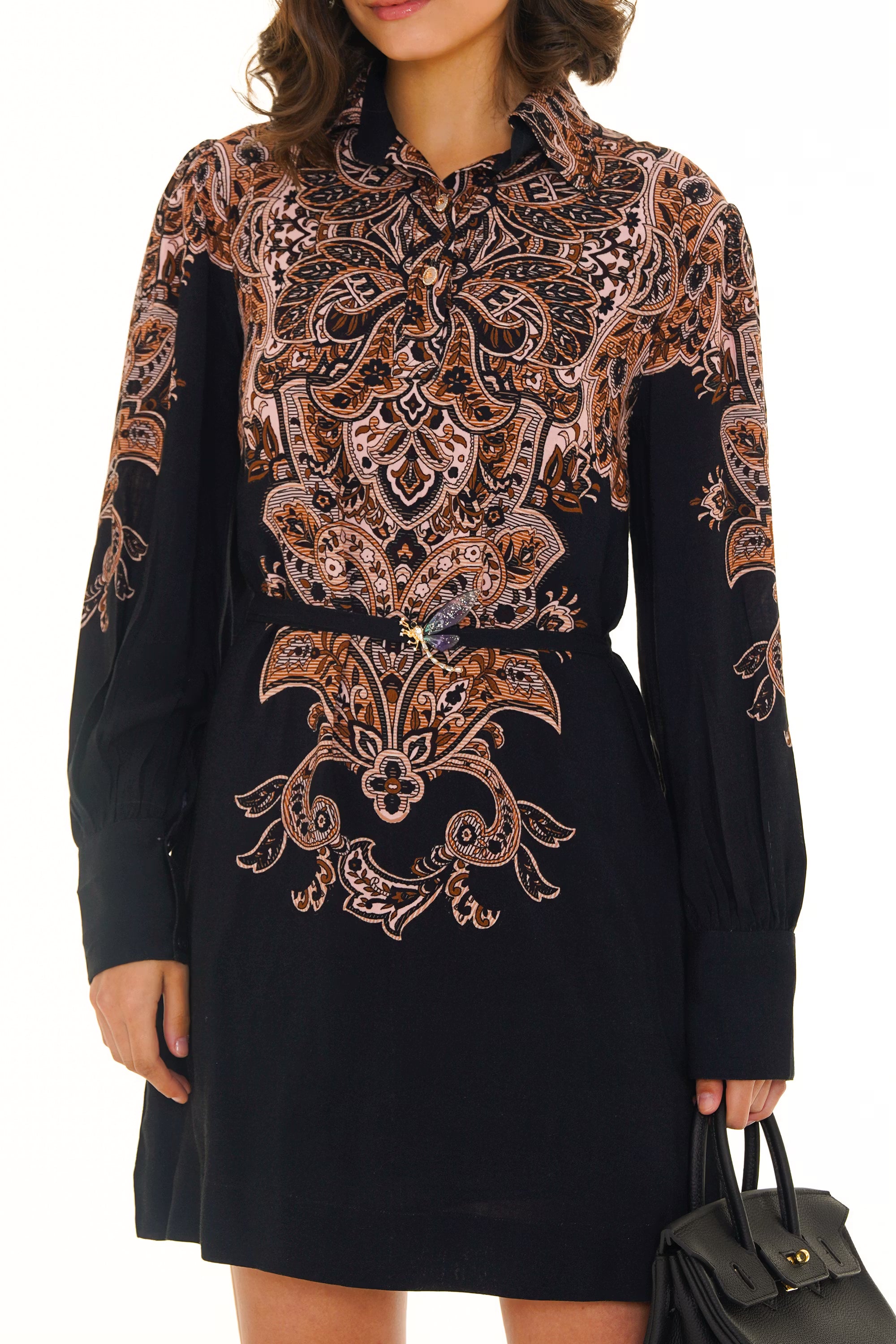 Navy ornate printed mini dress with long sleeves, front closeup