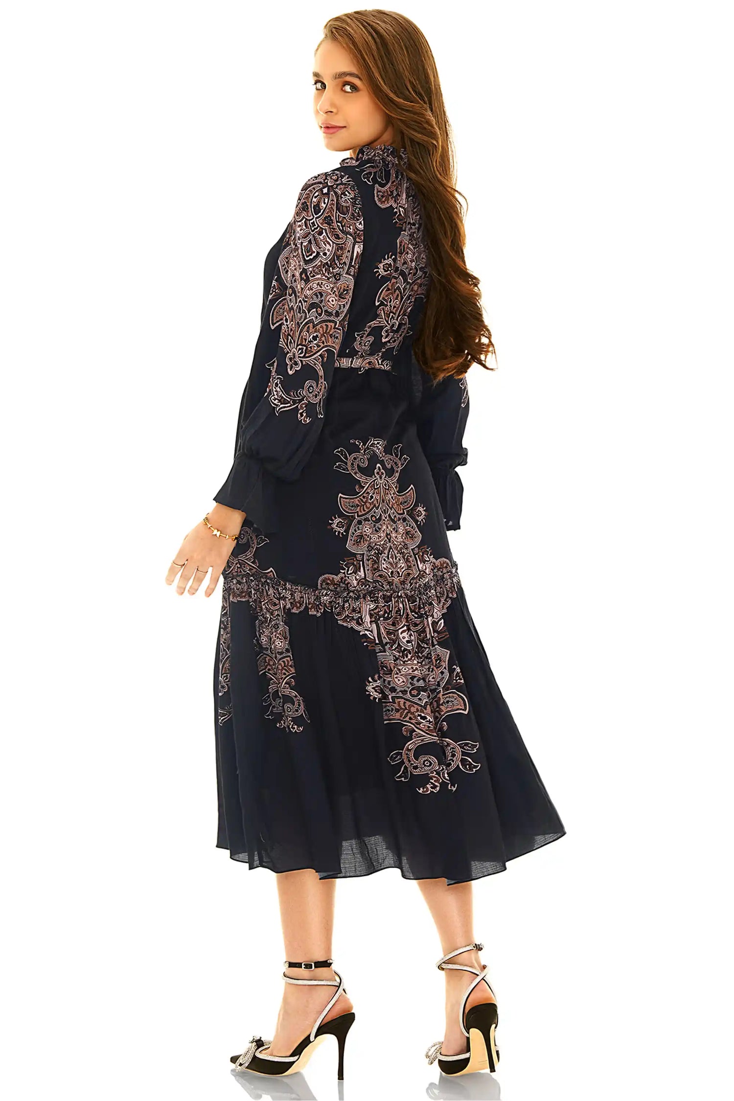 Navy printed high-neck midi dress back design with long sleeves
