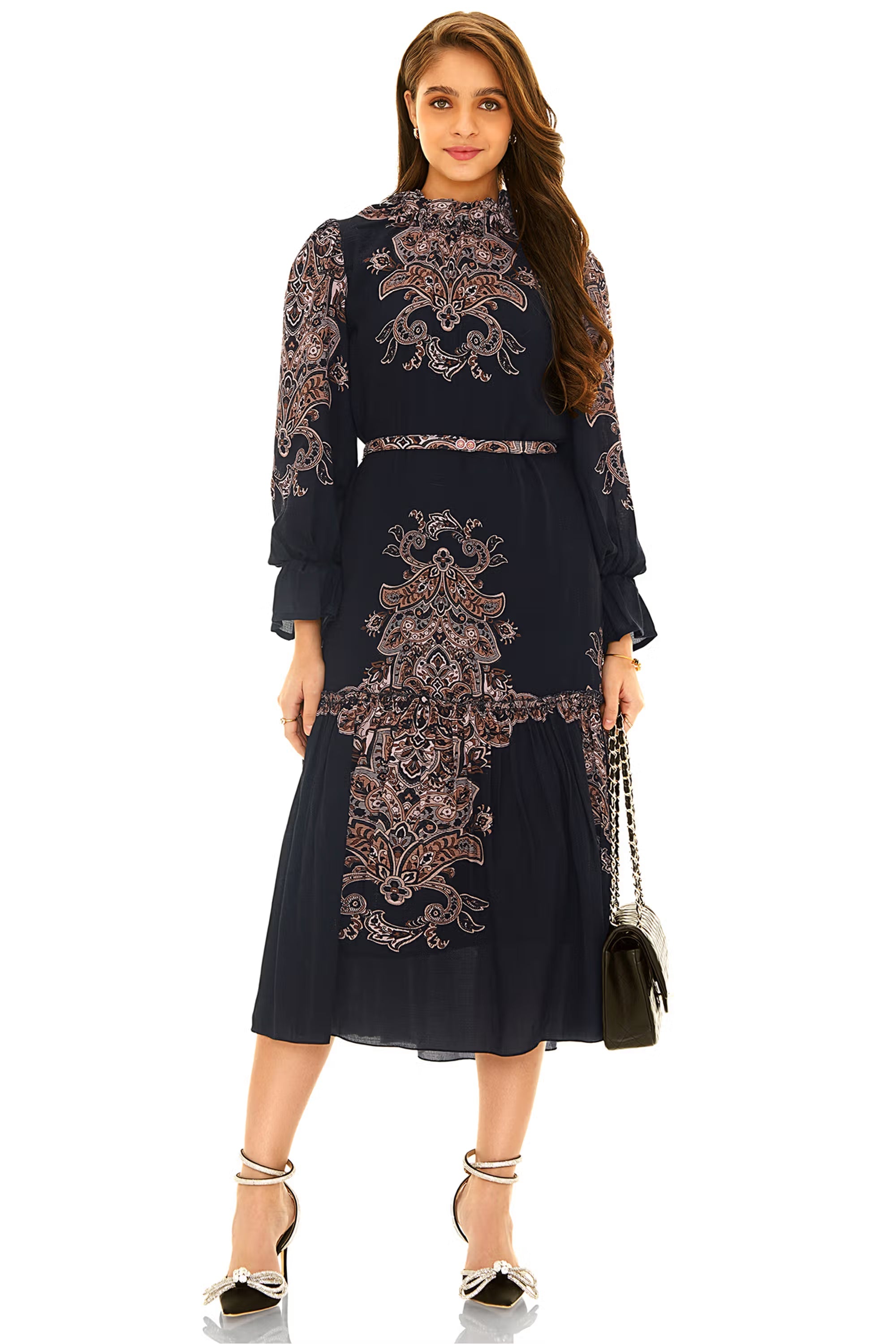 Navy printed high-neck long-sleeve midi dress with belted waist, front view