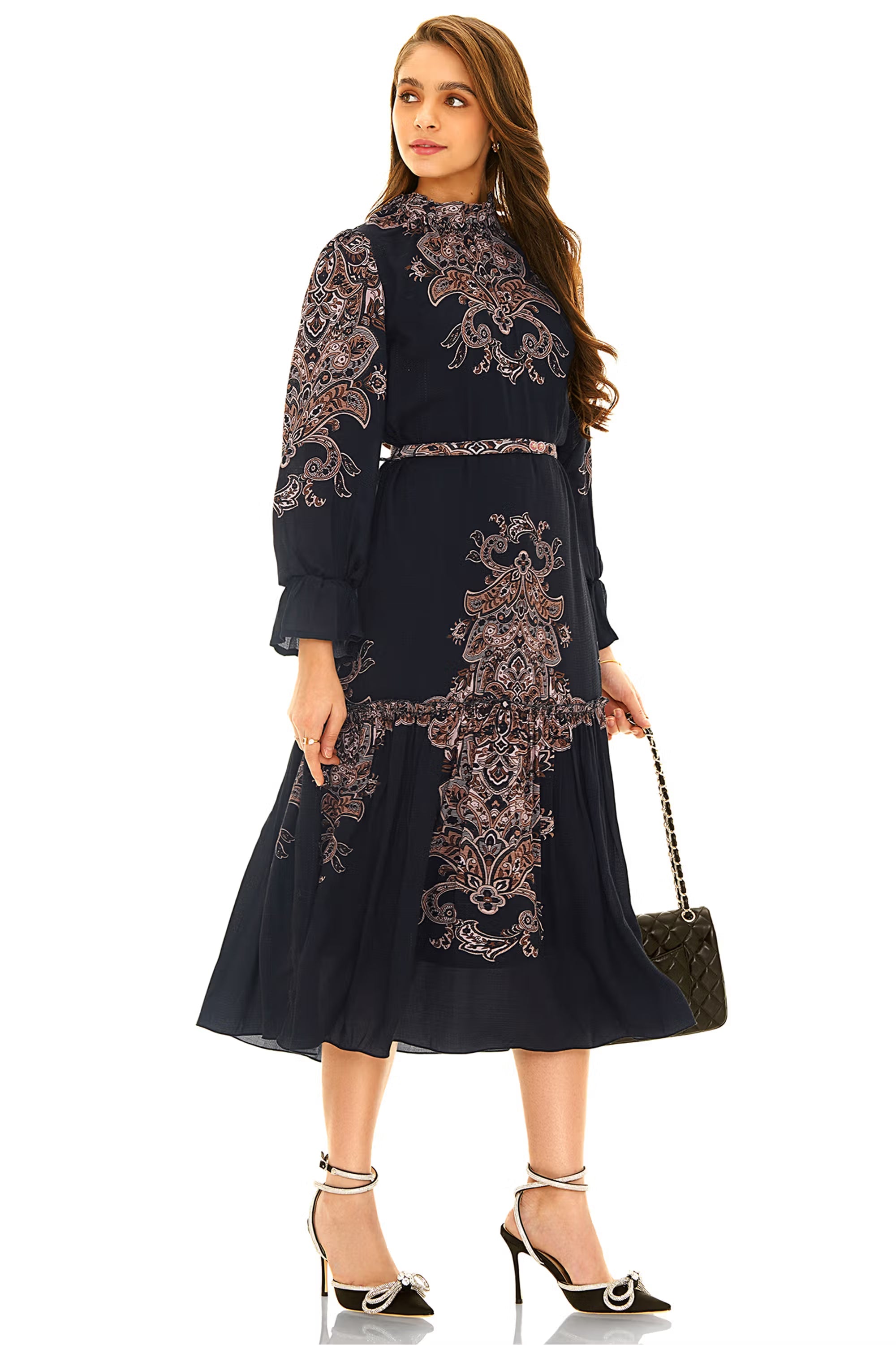 Navy printed high-neck long-sleeve midi dress with belted waist, side view